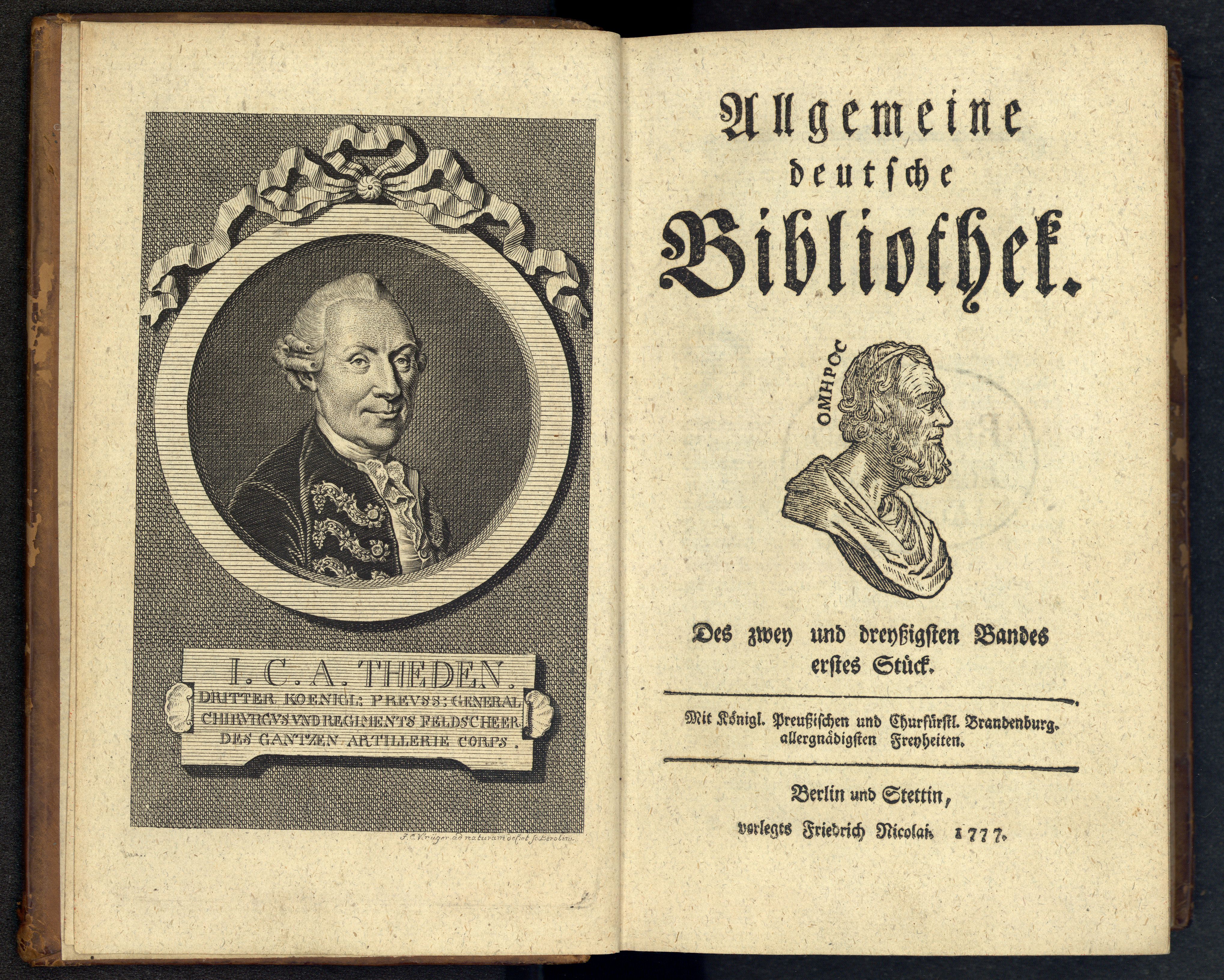 Porträt von Theden, Johann Christian Anton  (Allgemeine deutsche Bibliothek., 1777, 32. Bd., 1. St., ungez. Bl. am Anf. d. Bandes. [Doppelseite])