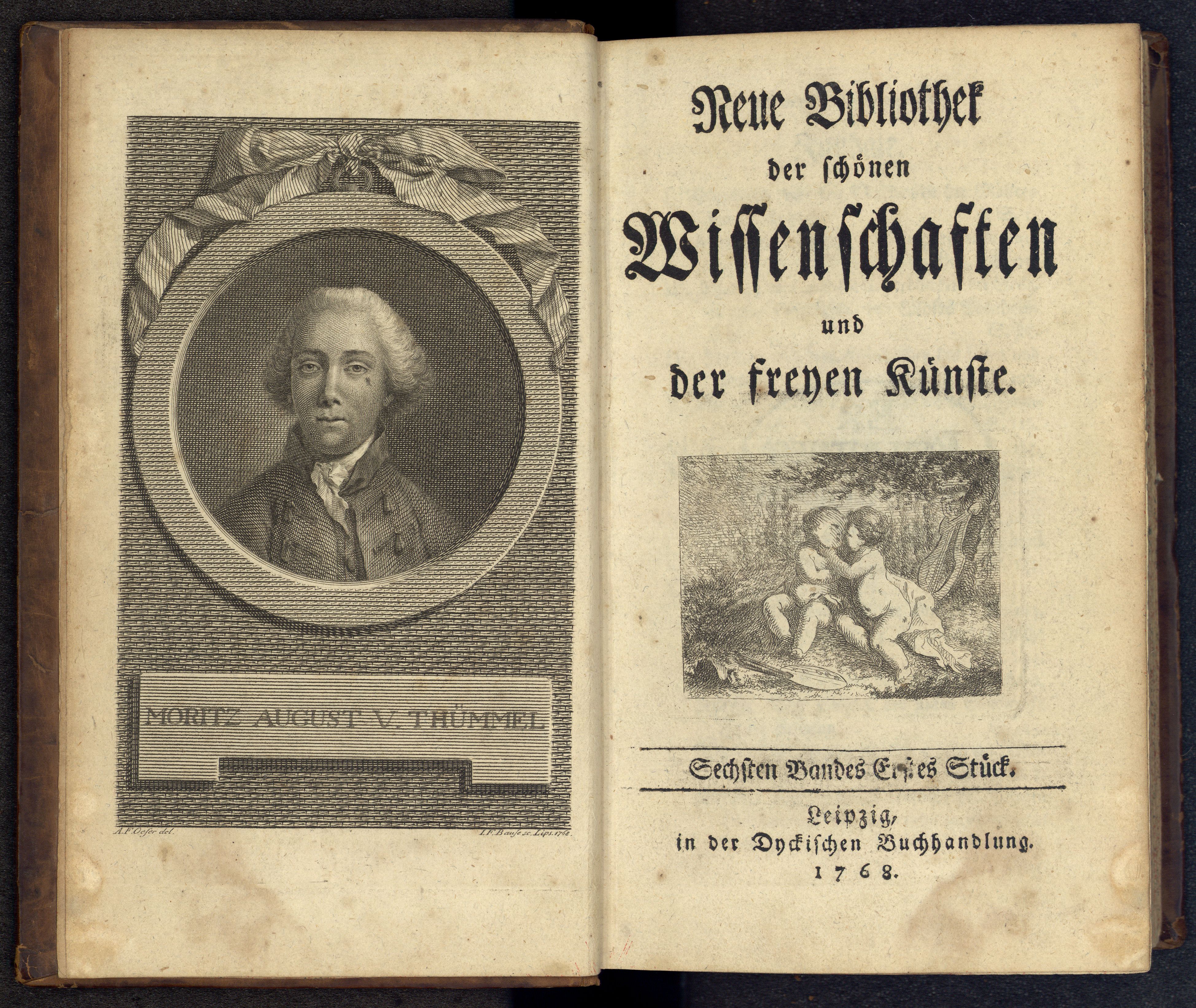 Porträt von Thümmel, Moritz August von  (Neue Bibliothek der schönen Wissenschaften., 1768, 6. Bd., 1. St., ungez. Bl. am Anf. d. Bandes. [Doppelseite])