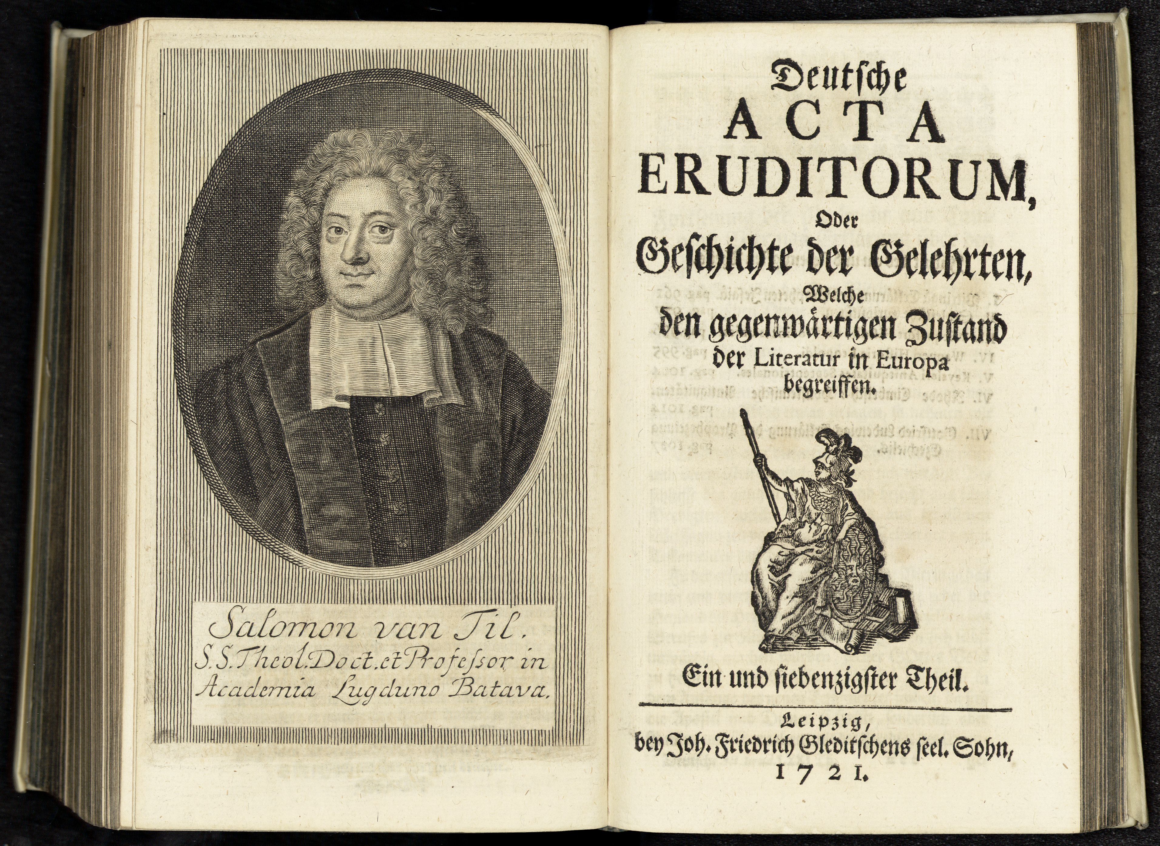 Porträt von Til, Salomon van  (Deutsche Acta Eruditorum., 1721, 71. T., ungez. Bl. vor S. 961. [Doppelseite])