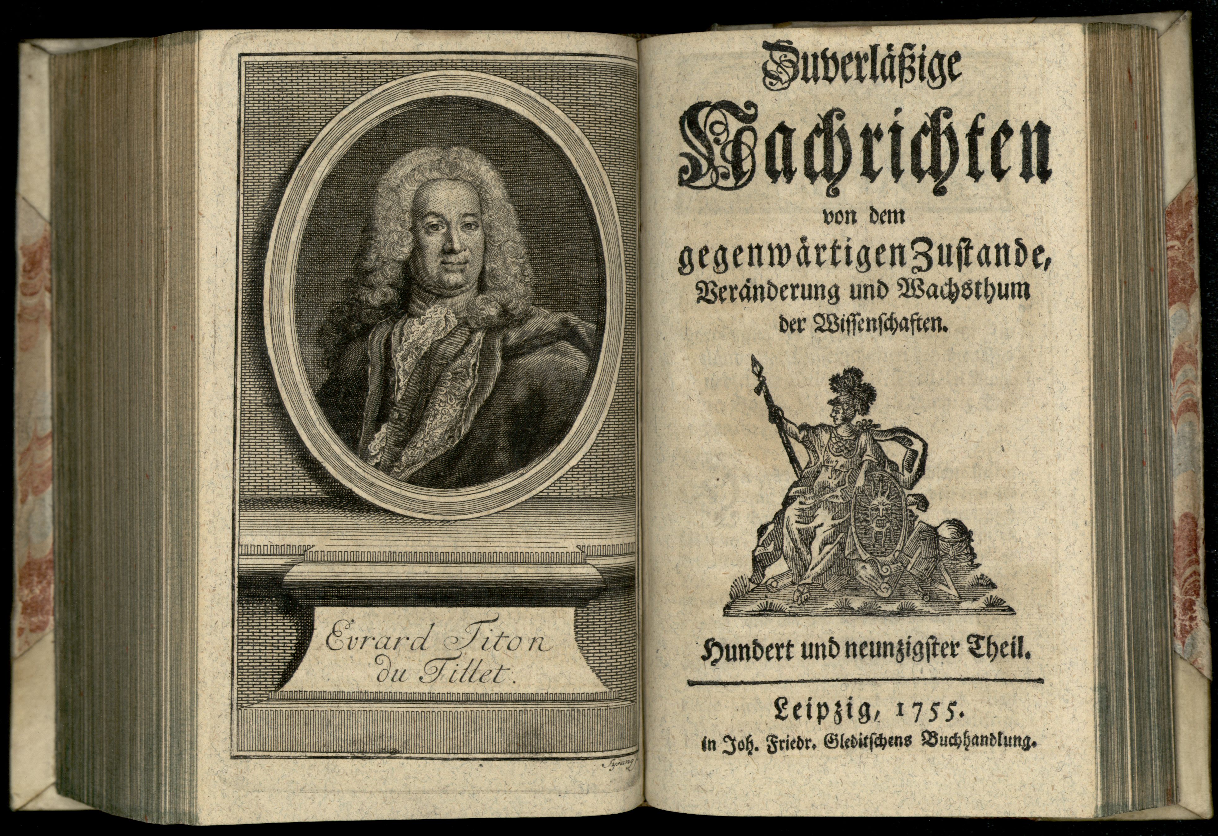 Porträt von Titon du Tillet, Evrard  (Zuverläßige Nachrichten von dem gegenwärtigen Zustande der Wissenschaften., 1755, 190. T., ungez. Bl. vor S. 700. [Doppelseite])