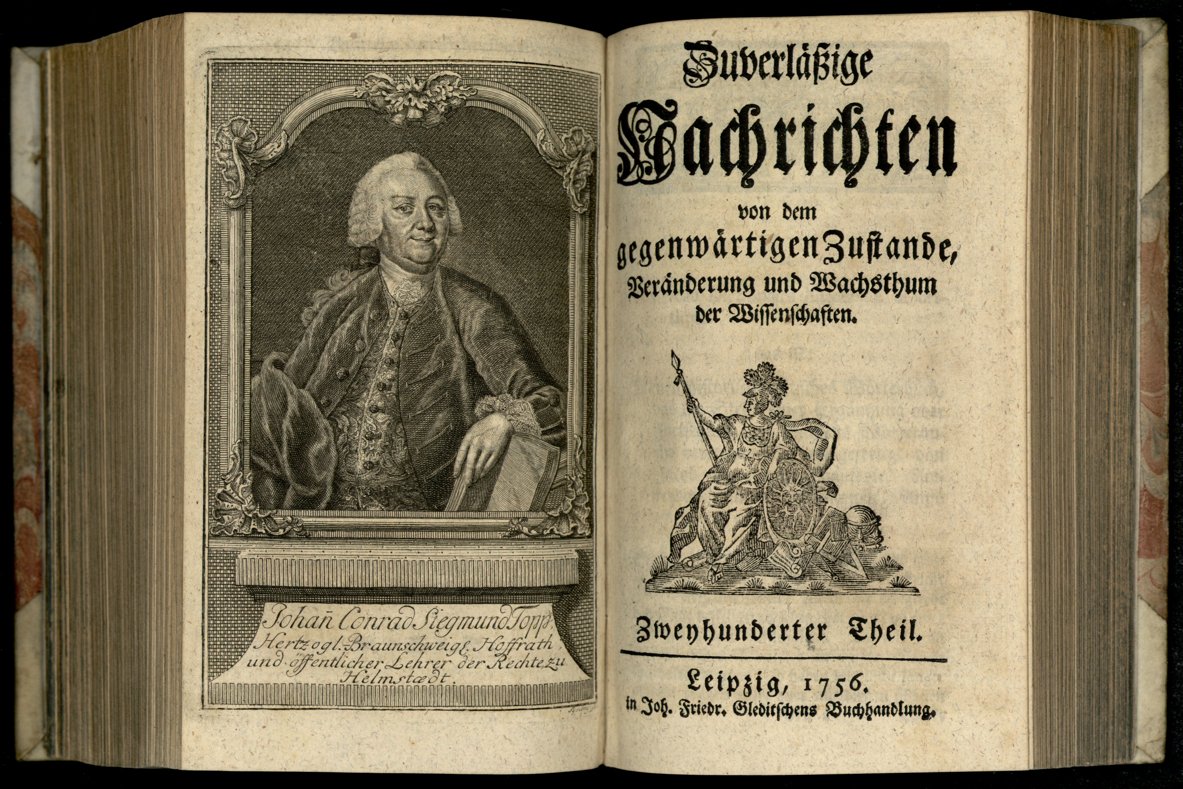 Porträt von Topp, Johann Konrad Sigismund  (Zuverläßige Nachrichten von dem gegenwärtigen Zustande der Wissenschaften., 1756, 200. T., ungez. Bl. vor S. 550. [Doppelseite])