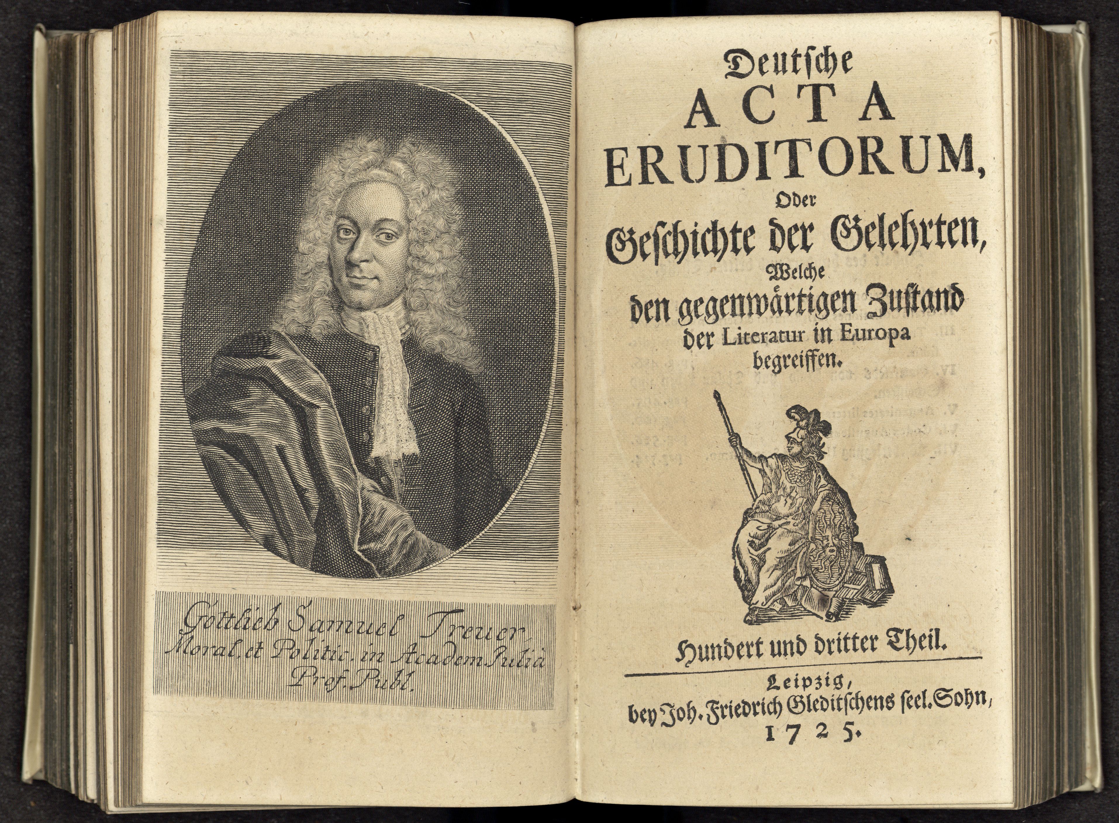 Porträt von Treuer, Gottlieb Samuel  (Deutsche Acta Eruditorum., 1725, 103. T., ungez. Bl. vor ungez. Bl. Vor S. 457. [Doppelseite])