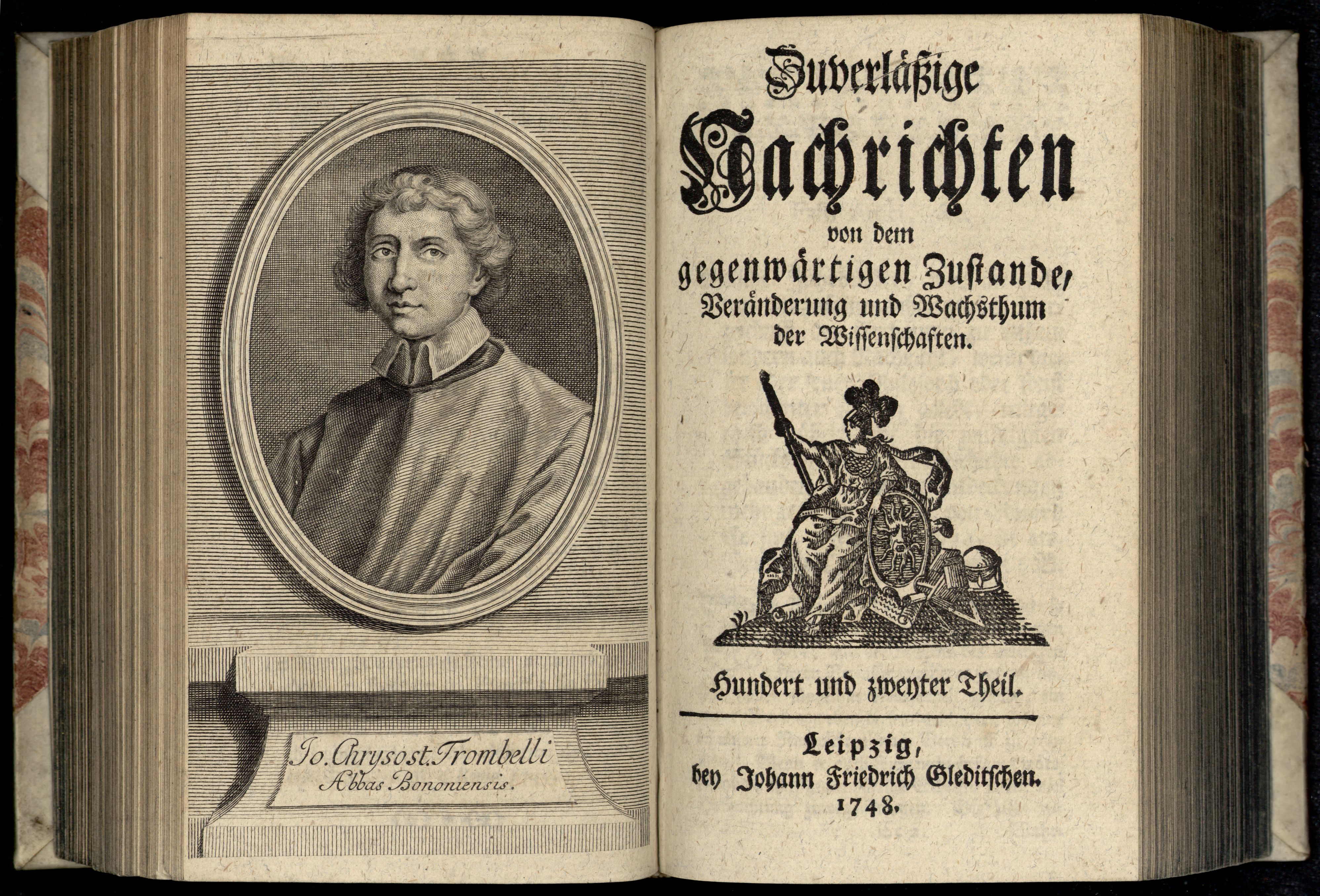 Porträt von Trombelli, Giovanni Crisostomo  (Zuverläßige Nachrichten von dem gegenwärtigen Zustande der Wissenschaften., 1748, 102. T., ungez. Bl. vor S. 392. [Doppelseite])