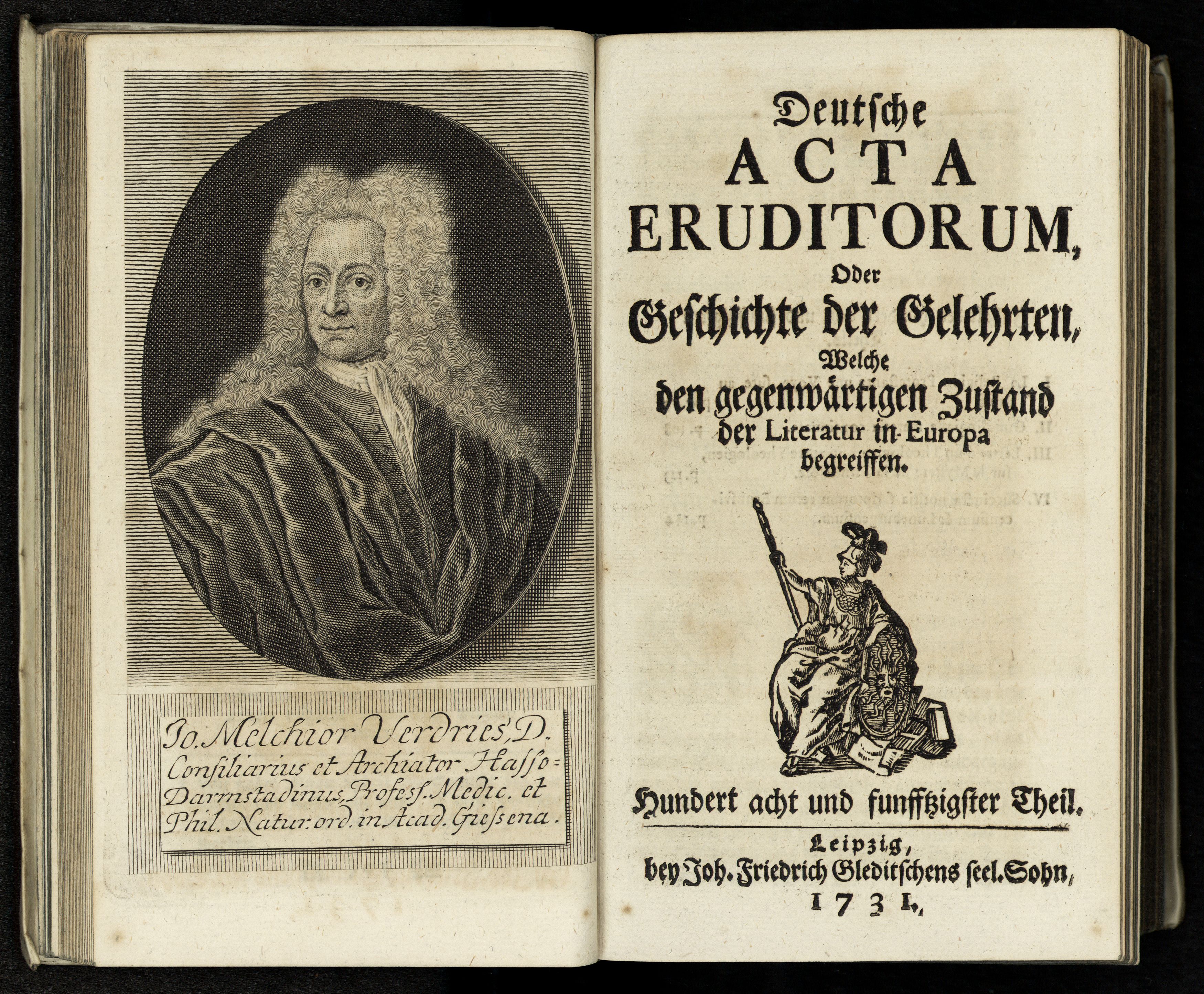 Porträt von Verdries, Johann Melchior  (Deutsche Acta Eruditorum., 1731, 158. T., ungez. Bl. vor S. 77. [Doppelseite])