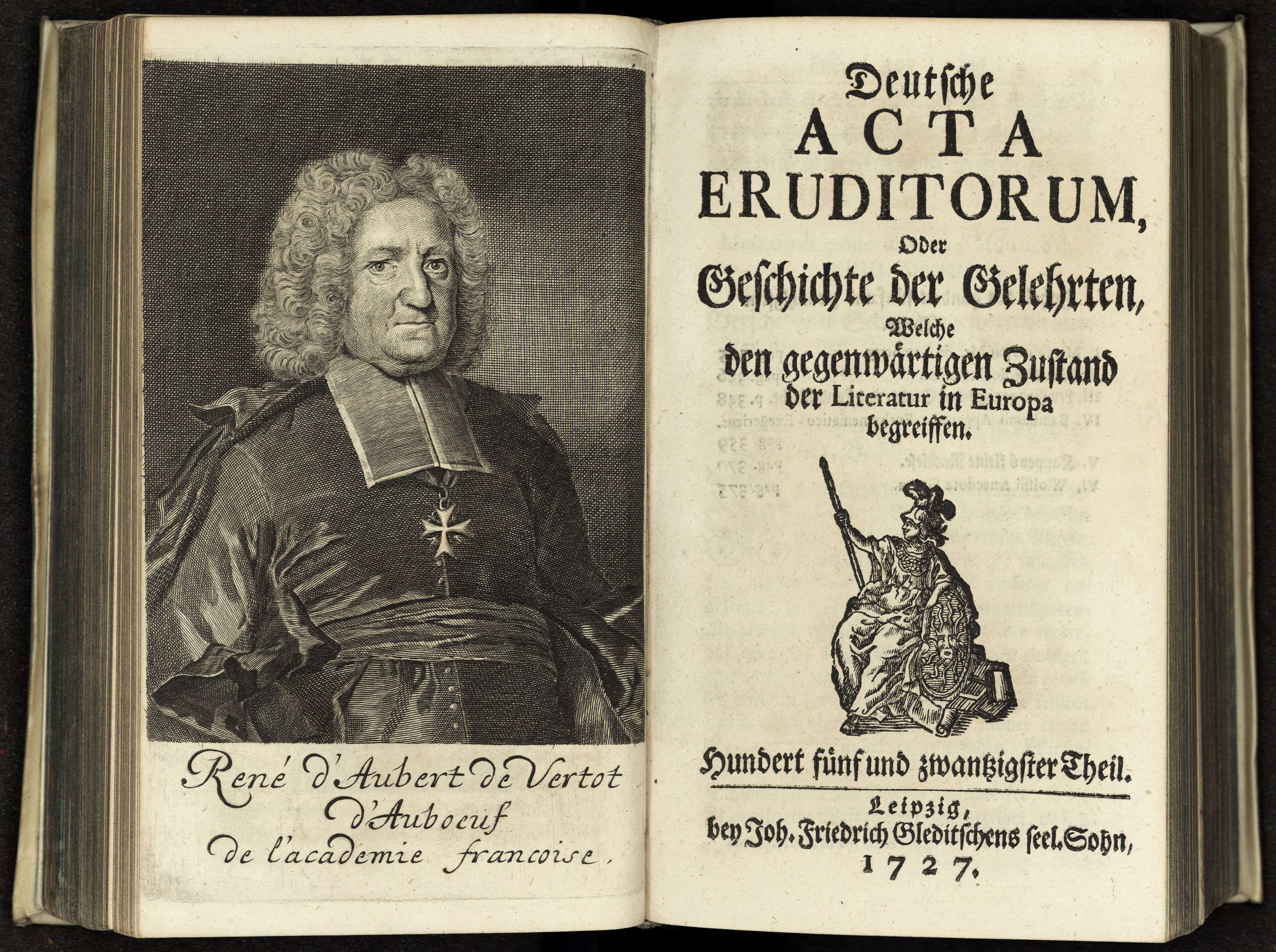 Porträt von Vertot, René Aubert de  (Deutsche Acta Eruditorum., 1727, 125. T., ungez. Bl. vor S. 305. [Doppelseite])