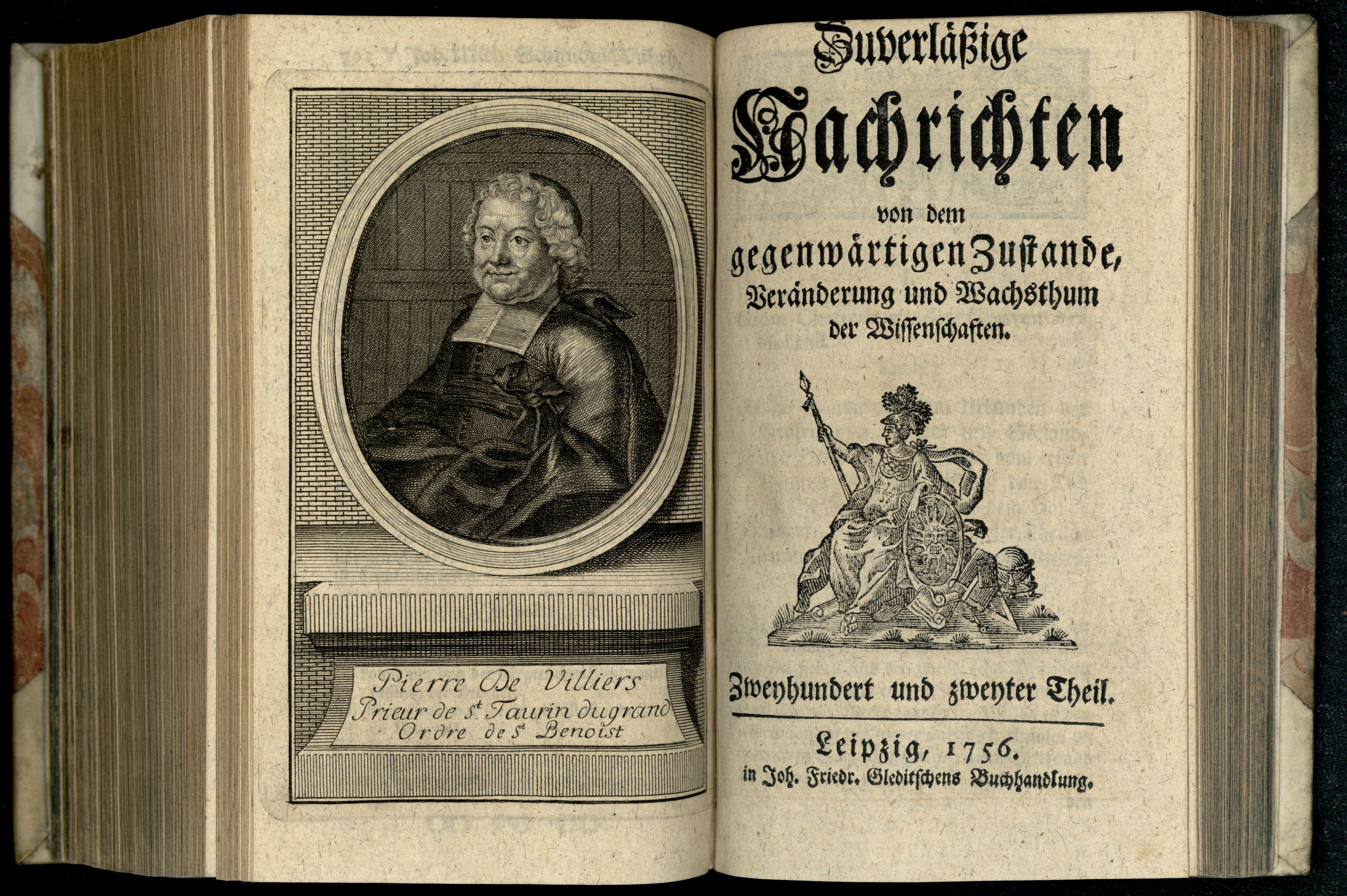 Porträt von Villiers, Pierre de  (Zuverläßige Nachrichten von dem gegenwärtigen Zustande der Wissenschaften., 1756, 202. T., ungez. Bl. vor S. 706. [Doppelseite])