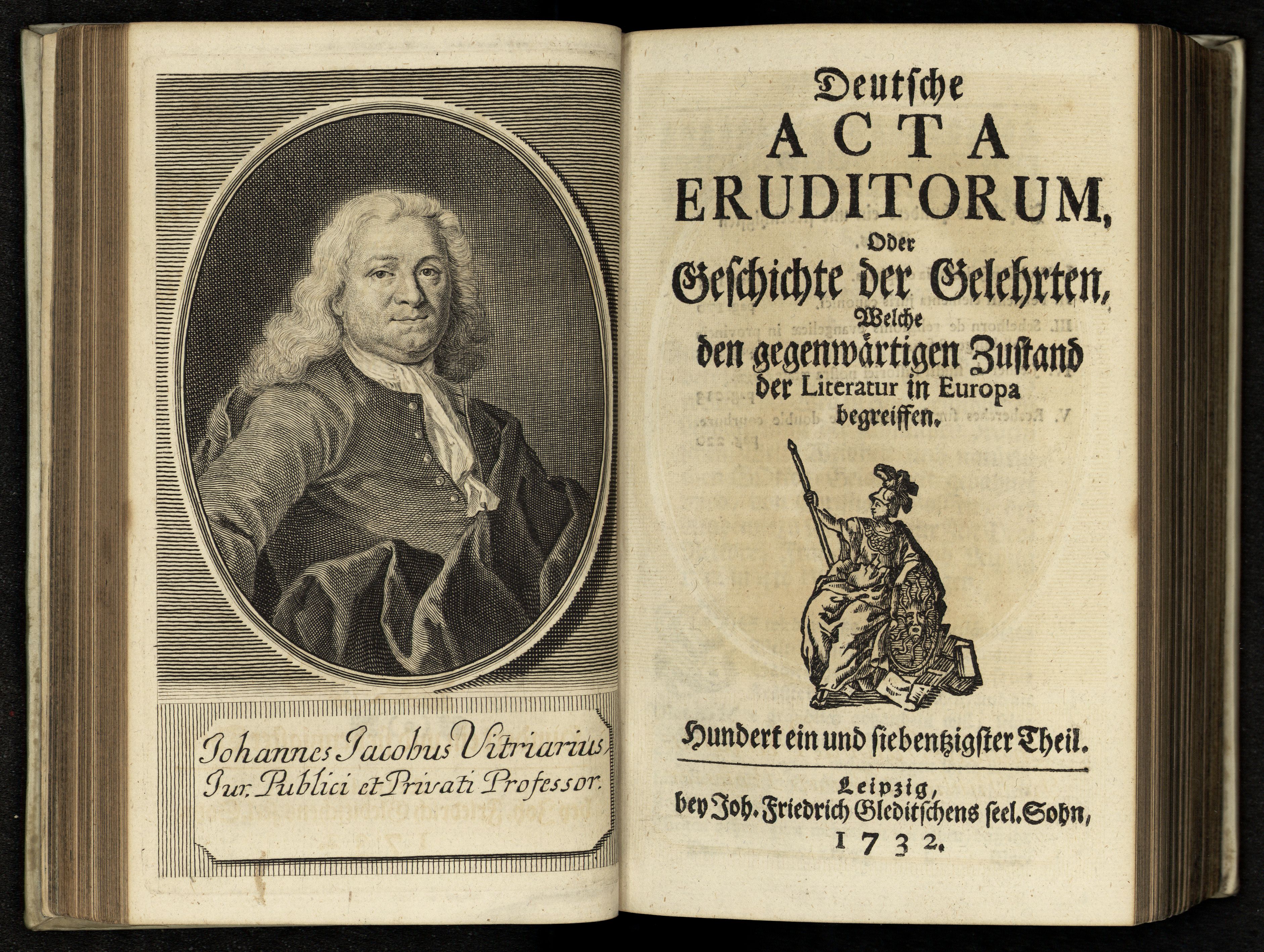 Porträt von Vitriarius, Johann Jakob  (Deutsche Acta Eruditorum., 1732, 171. T., ungez. Bl. vor S. 153. [Doppelseite])