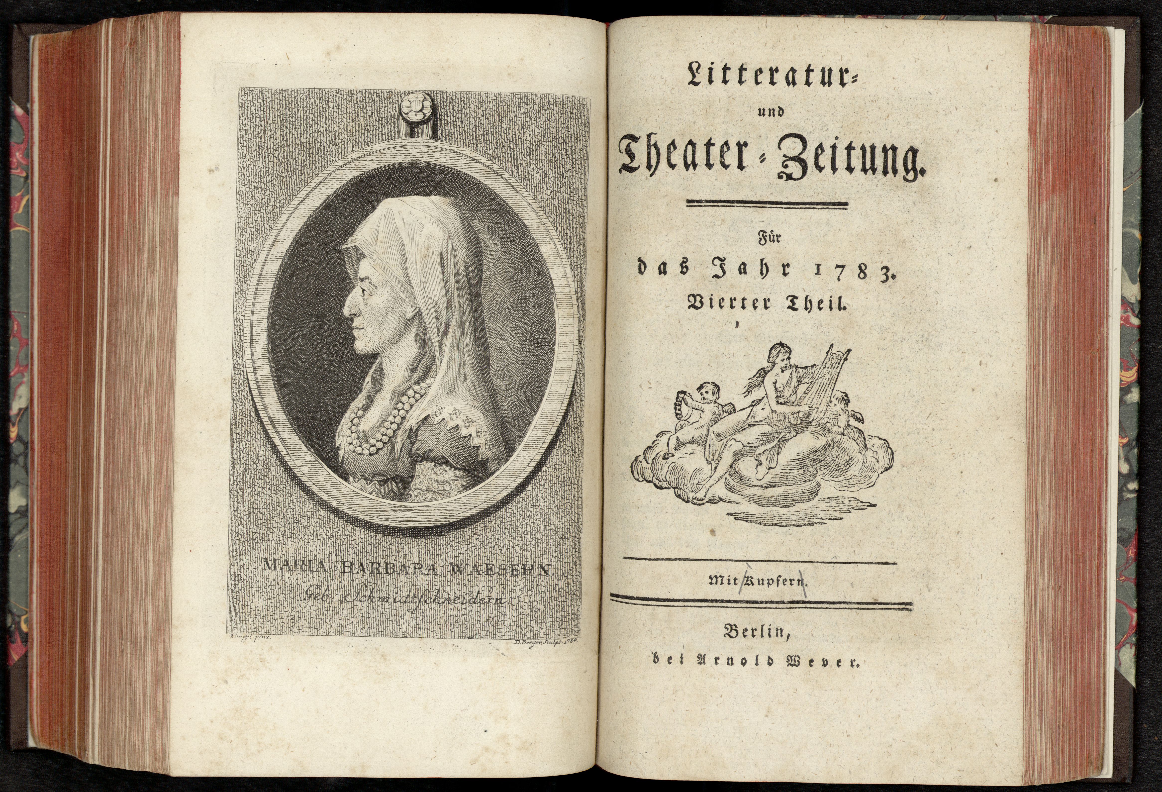 Porträt von Wäser, Maria Barbara  (Litteratur- u. Theater-Zeitung., 1783, 4. T., ungez. Bl. am Anf. d. 4. Teils. [Doppelseite])