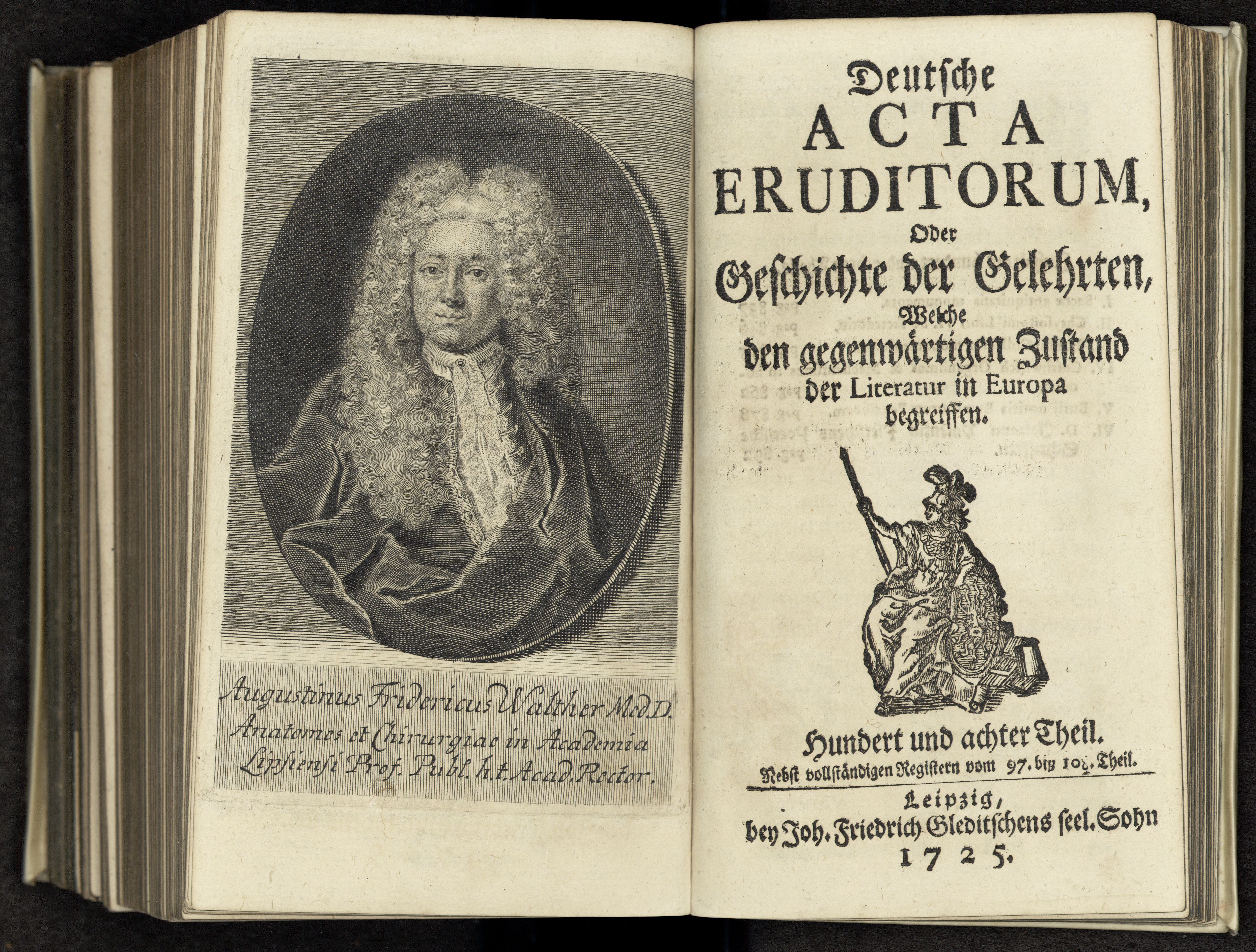 Porträt von Walther, Augustin Friedrich  (Deutsche Acta Eruditorum., 1725, 108. T., ungez. Bl. vor S. 837. [Doppelseite])
