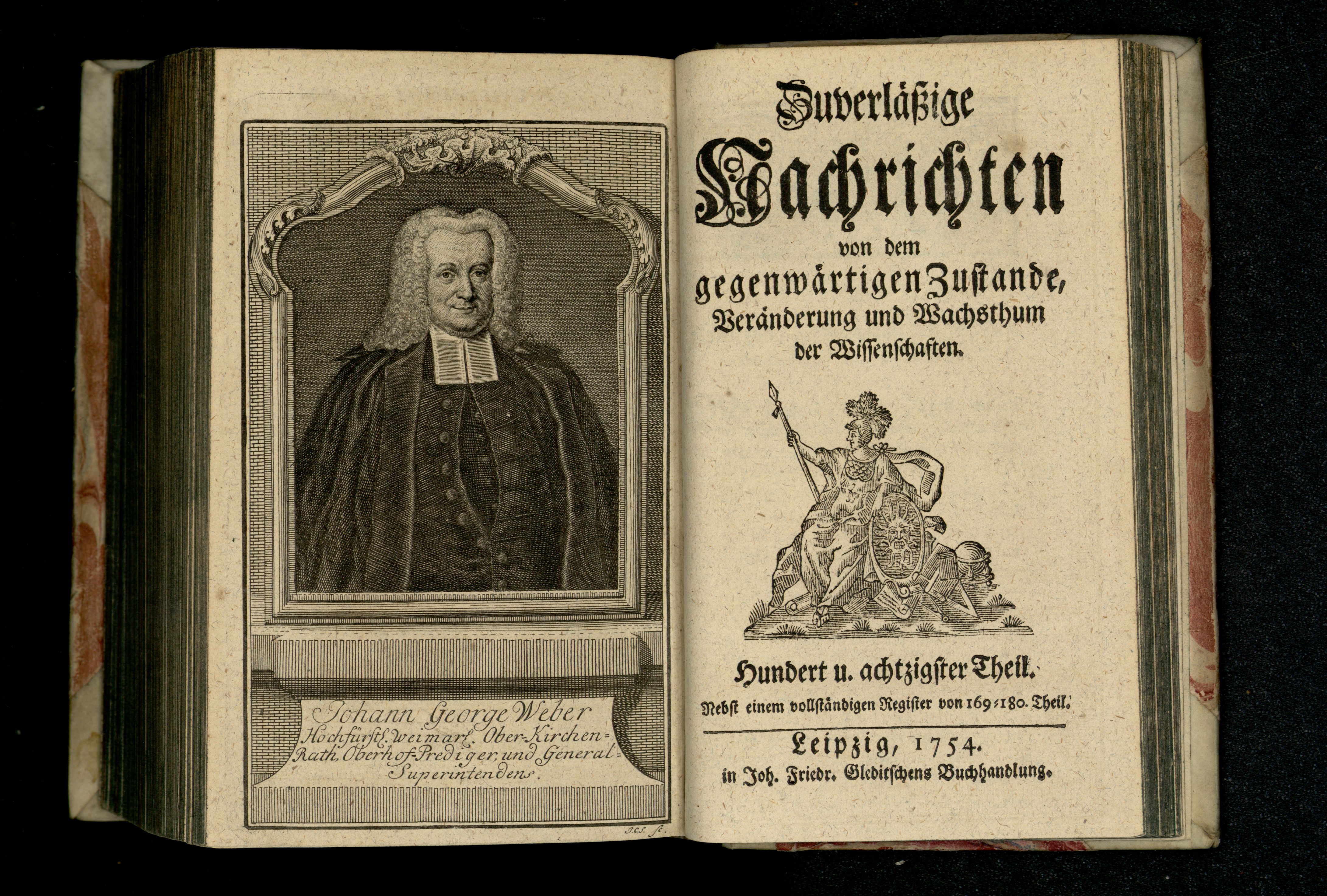 Porträt von Weber, Johann Georg  (Zuverläßige Nachrichten von dem gegenwärtigen Zustande der Wissenschaften., 1754, 180. T., ungez. Bl. vor S. 966. [Doppelseite])