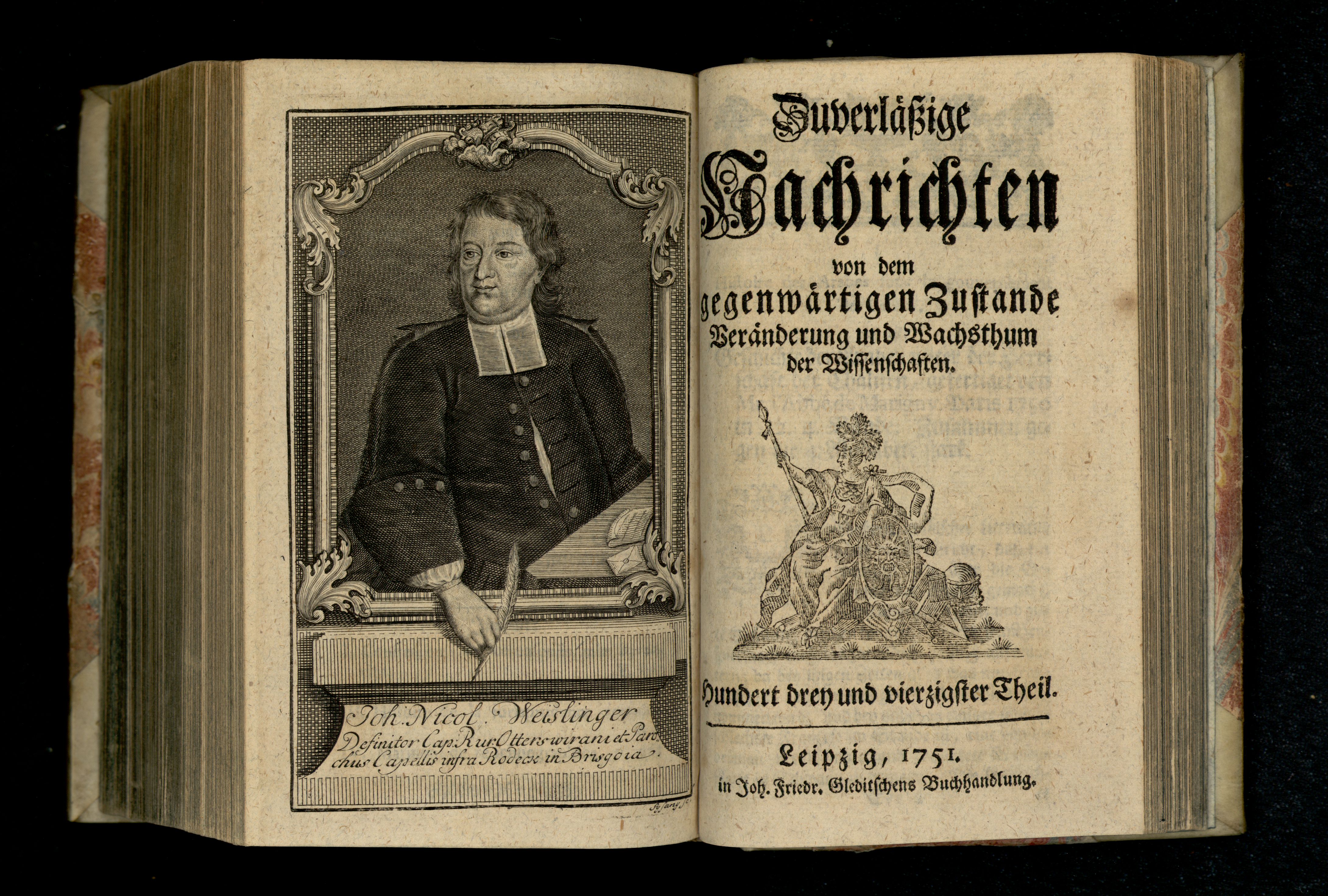 Porträt von Weislinger, Johann Nicolaus  (Zuverläßige Nachrichten von dem gegenwärtigen Zustande der Wissenschaften., 1751, 143. T., ungez. Bl. vor S. 674. [Doppelseite])