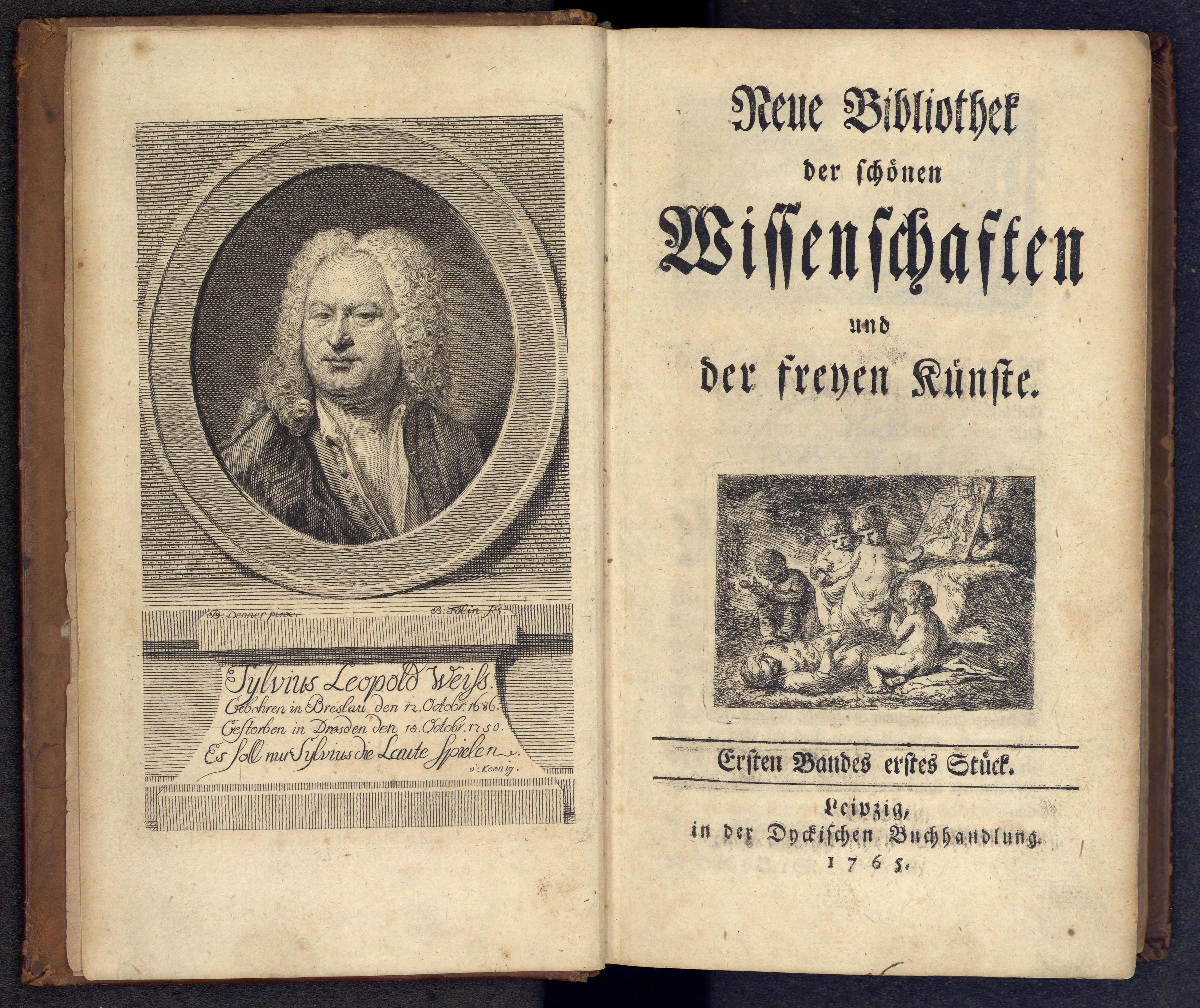 Porträt von Weiss, Silvius Leopold  (Neue Bibliothek der schönen Wissenschaften., 1765, 1. Bd., 1. St., ungez. Bl. am Anf. d. Bandes. [Doppelseite])