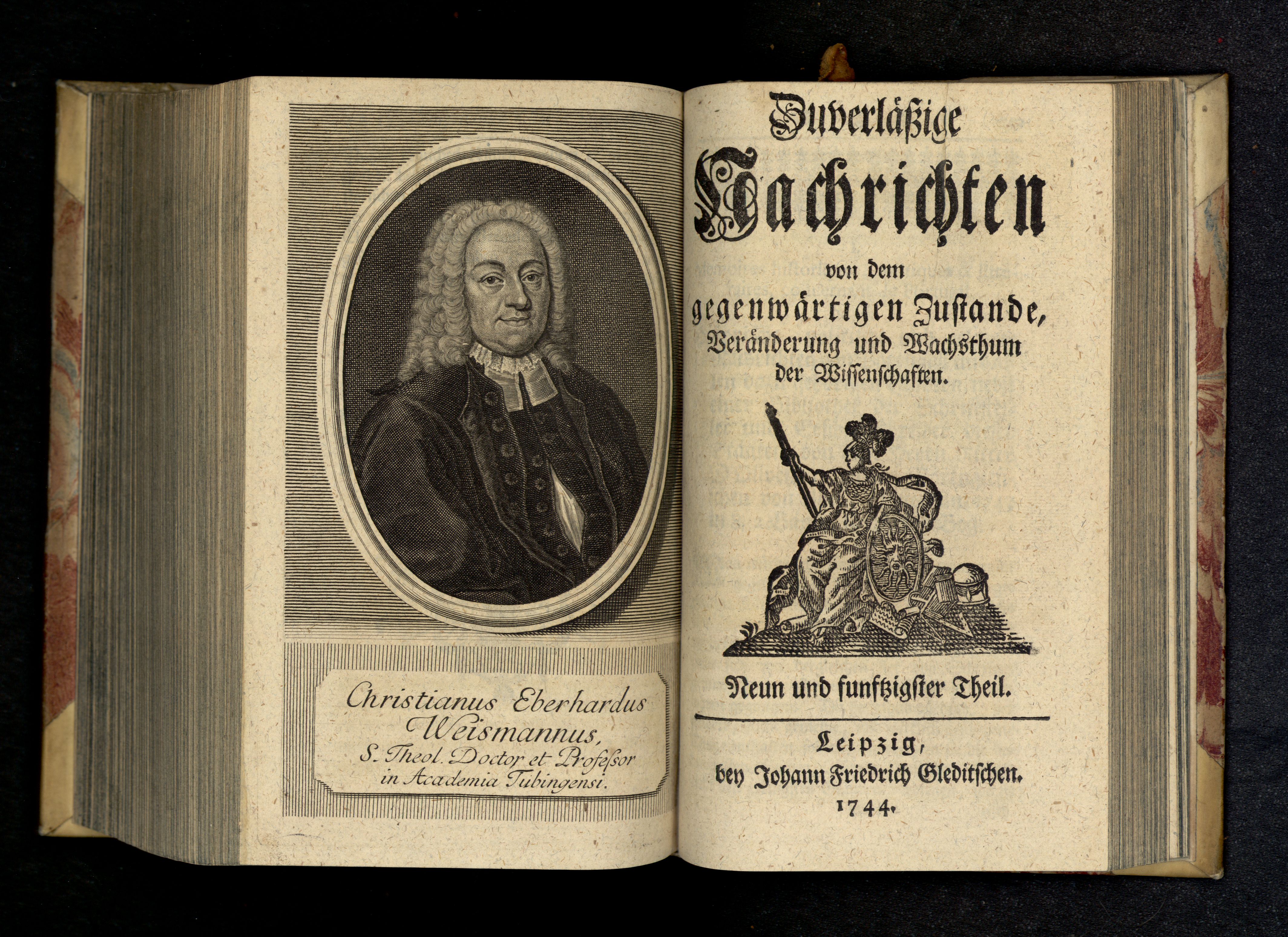 Porträt von Weismann, Christian Eberhard  (Zuverläßige Nachrichten von dem gegenwärtigen Zustande der Wissenschaften., 1744, 59. T., ungez. Bl. vor S. 759. [Doppelseite])