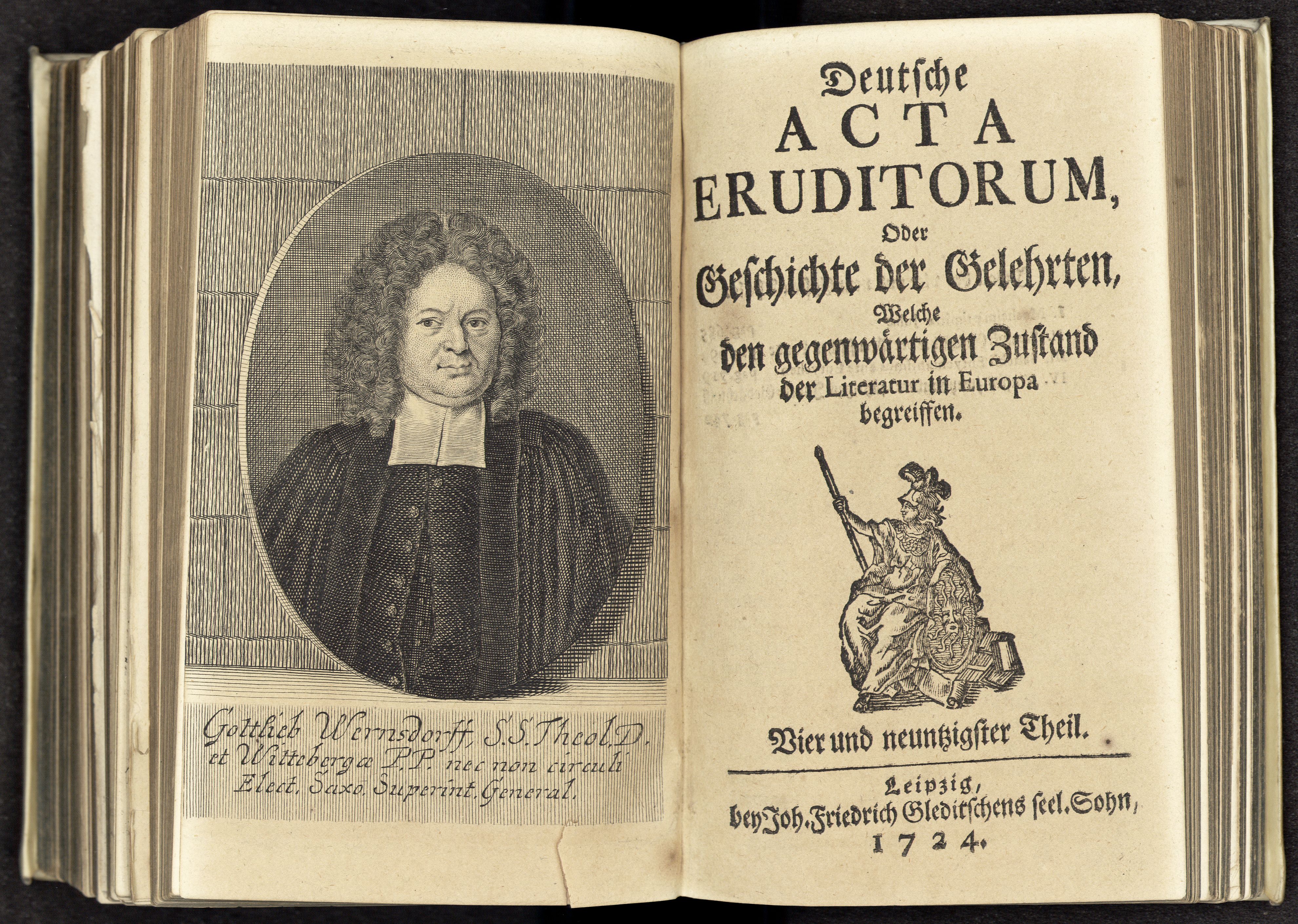 Porträt von Wernsdorf, Gottlieb  (Deutsche Acta Eruditorum., 1724, 94. T., ungez. Bl. vor S. 685. [Doppelseite])