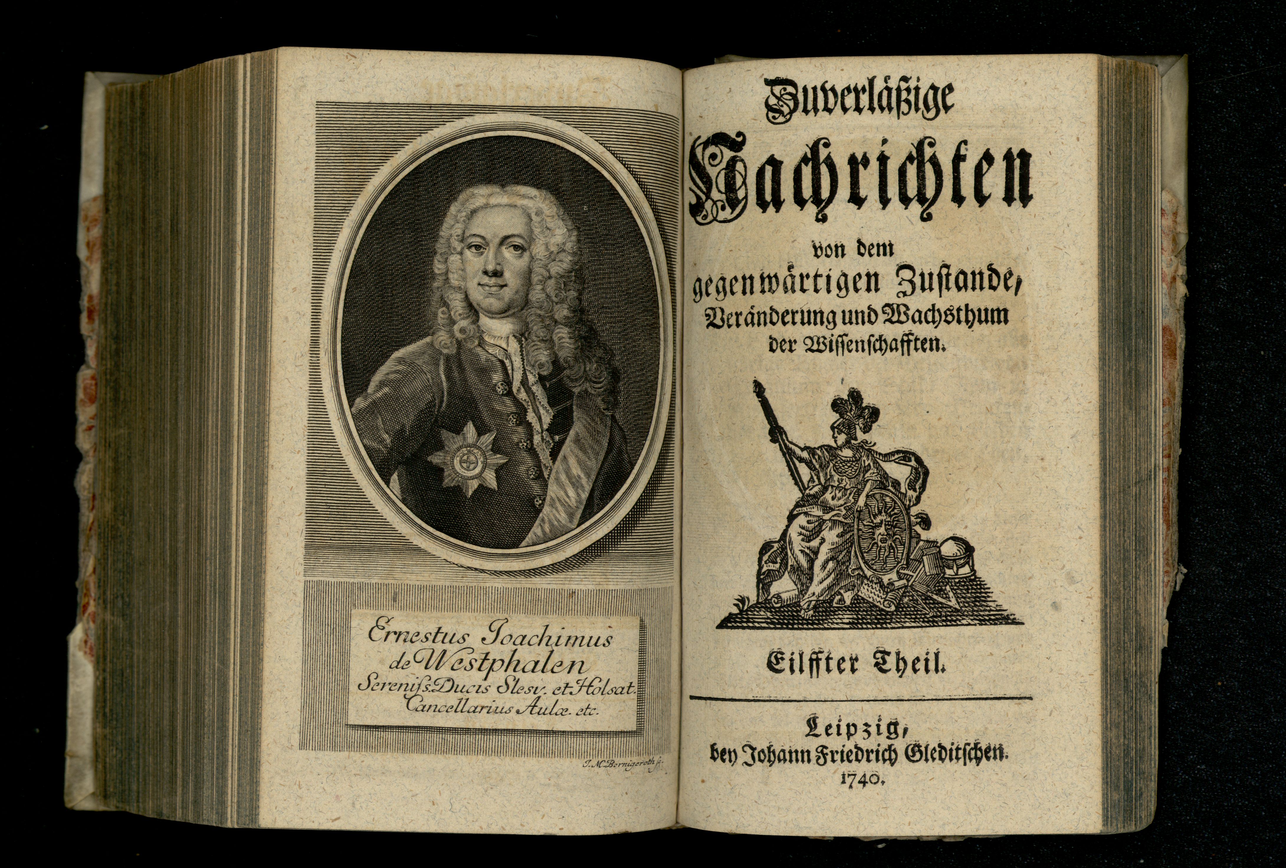 Porträt von Westphalen, Ernst Joachim von  (Zuverläßige Nachrichten von dem gegenwärtigen Zustande der Wissenschaften., 1740, 11. T., ungez. Bl. vor S. 753. [Doppelseite])