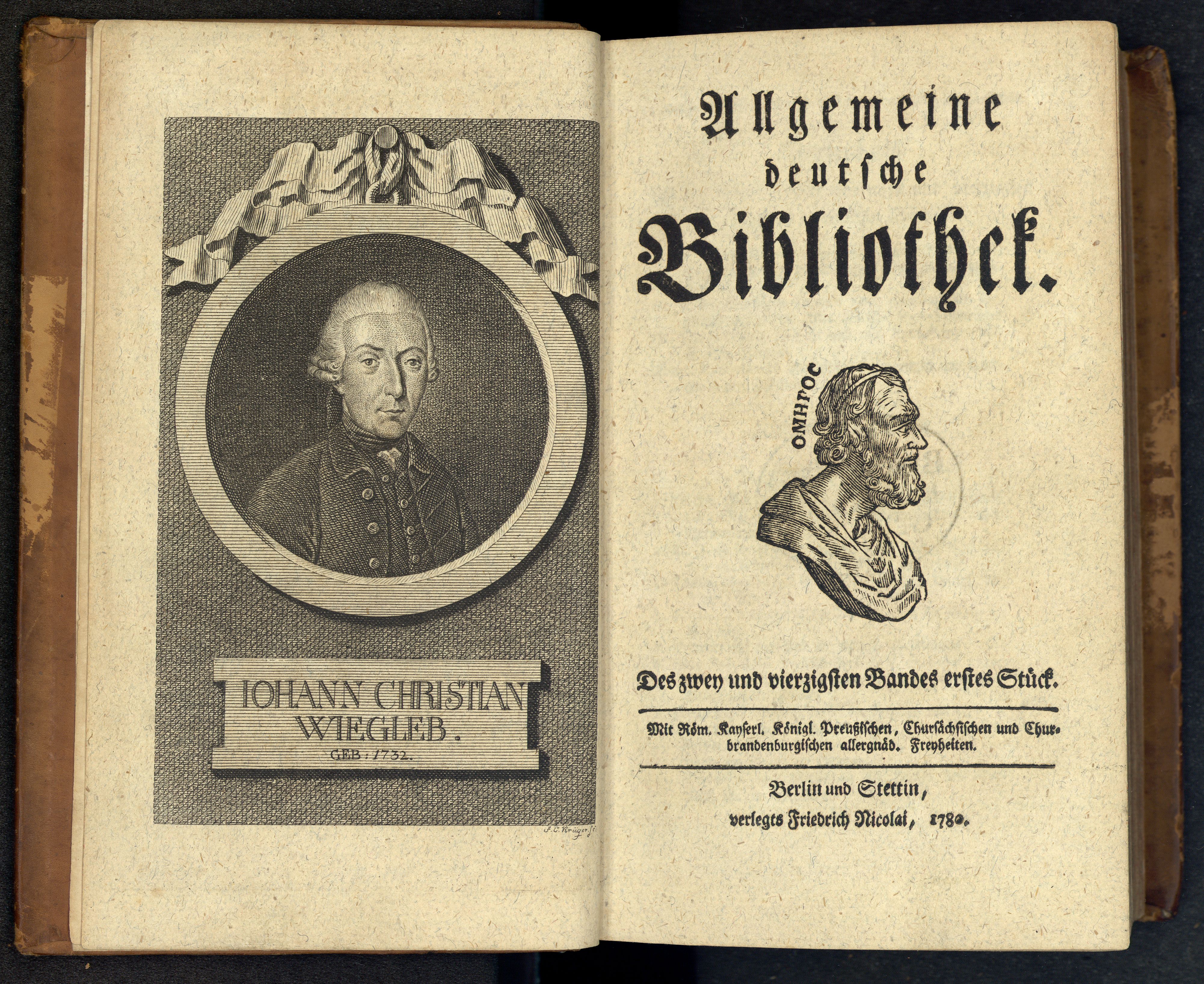 Porträt von Wiegleb, Johann Christian  (Allgemeine deutsche Bibliothek., 1780, 42. Bd., 1. St., ungez. Bl. am Anf. d. Bandes. [Doppelseite])
