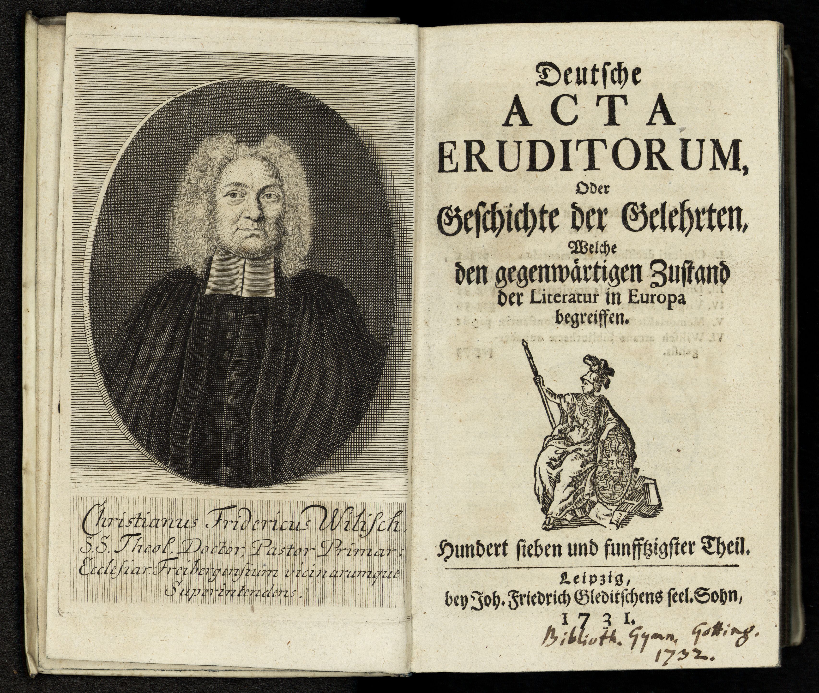 Porträt von Wilisch, Christian Friedrich  (Deutsche Acta Eruditorum., 1731, 157. T., ungez. Bl. am Anf. d. Bandes [Doppelseite])