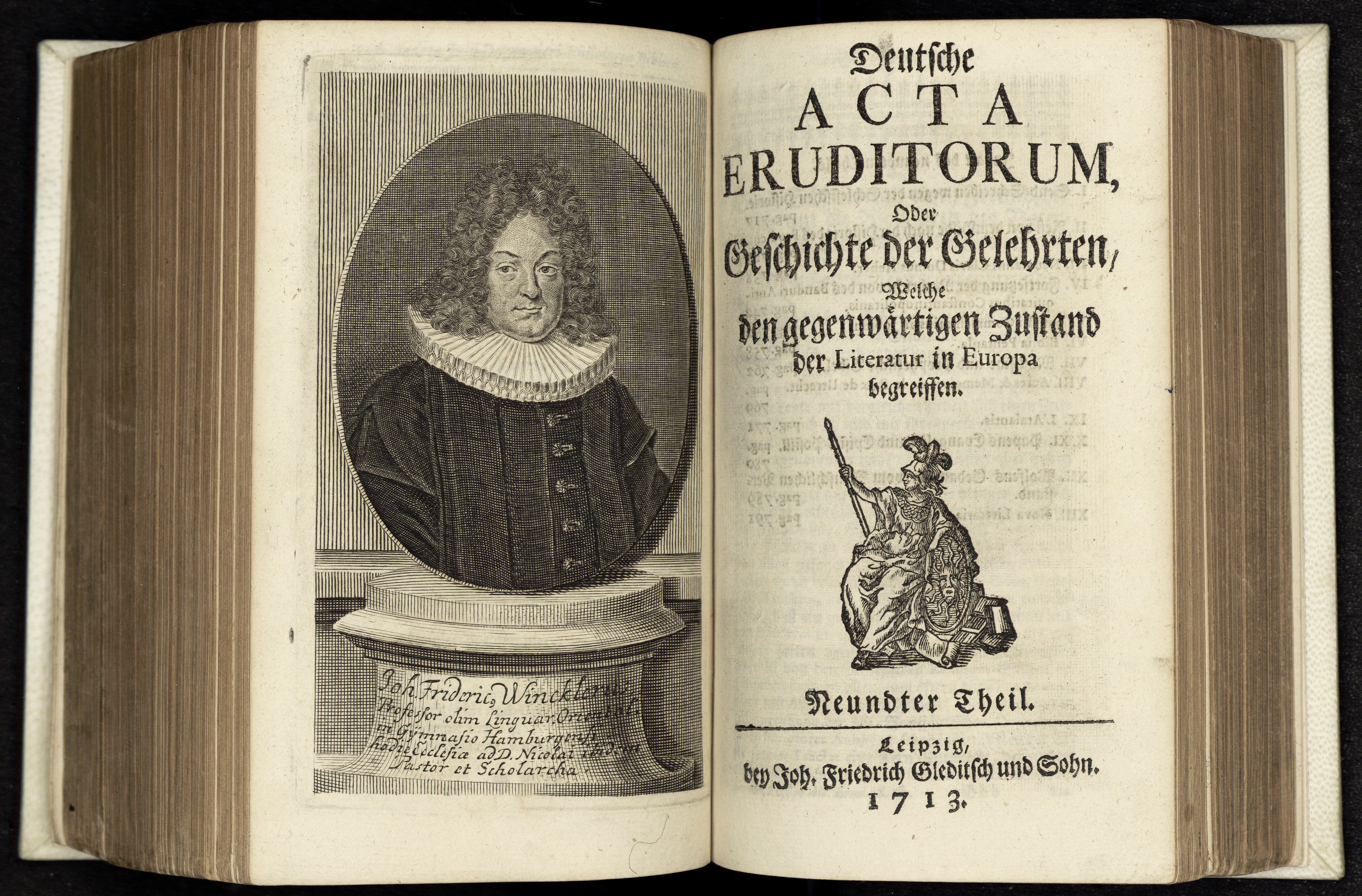 Porträt von Winckler, Johann Friedrich  (Deutsche Acta Eruditorum., 1713, 9. T., ungez. Bl. vor S. 718. [Doppelseite])