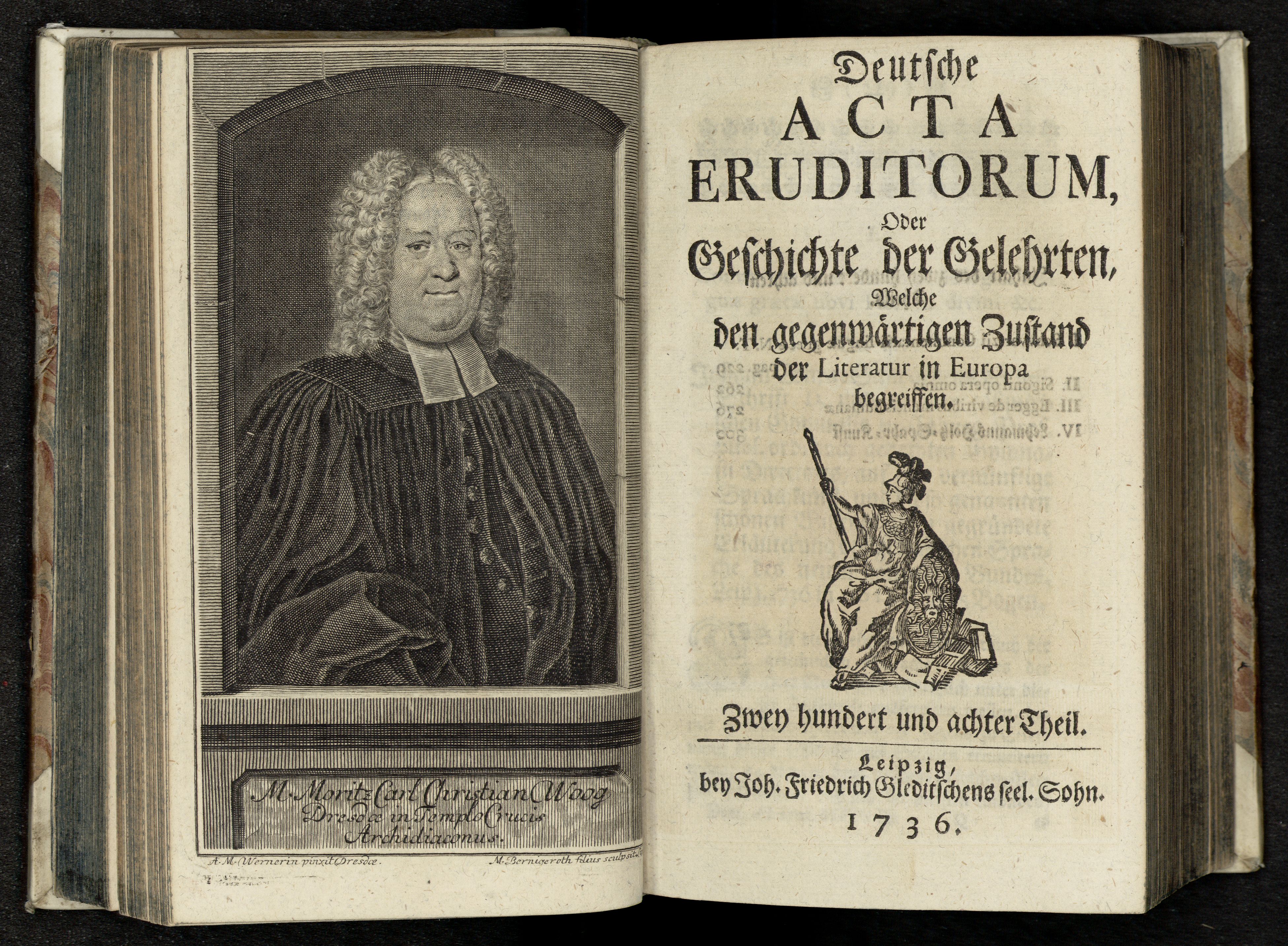 Porträt von Woog, Moritz Carl Christian  (Deutsche Acta Eruditorum., 1736, 208. T., ungez. Bl. vor S. 229. [Doppelseite])