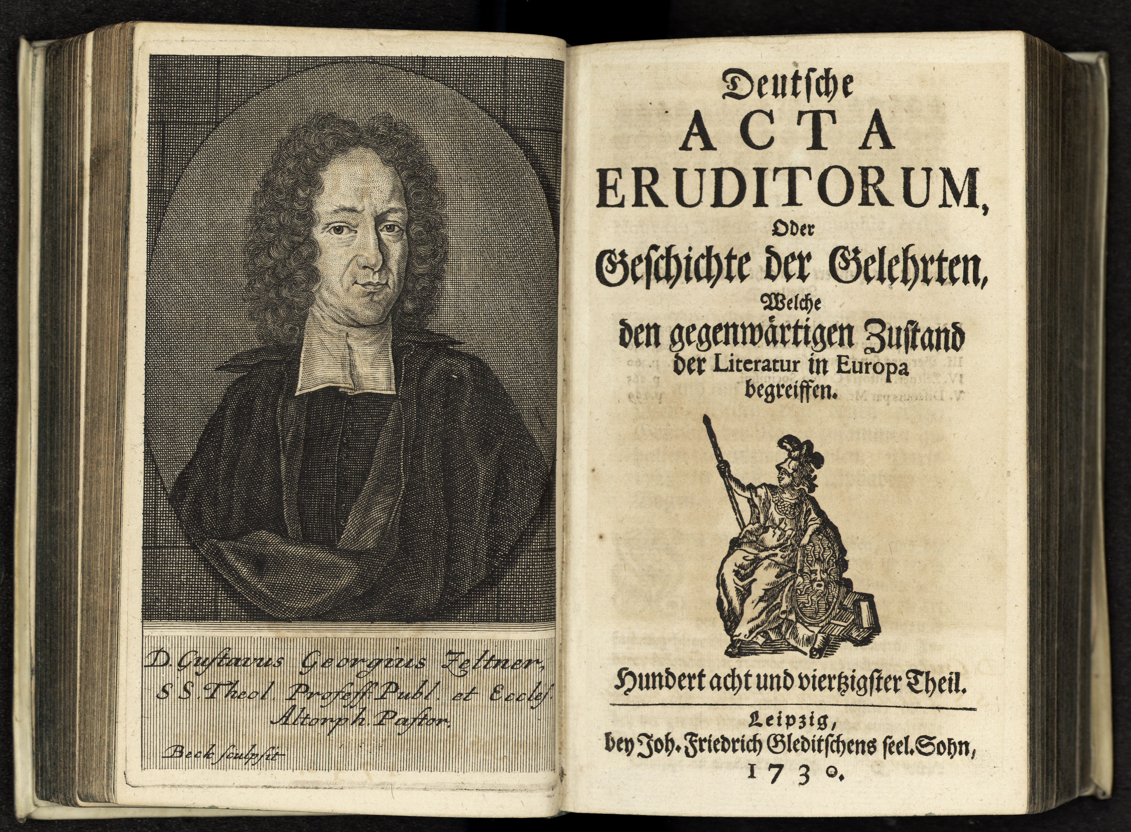 Porträt von Zeltner, Gustav Georg  (Deutsche Acta Eruditorum., 1730, 148. T., ungez. Bl. vor S. 229. [Doppelseite])