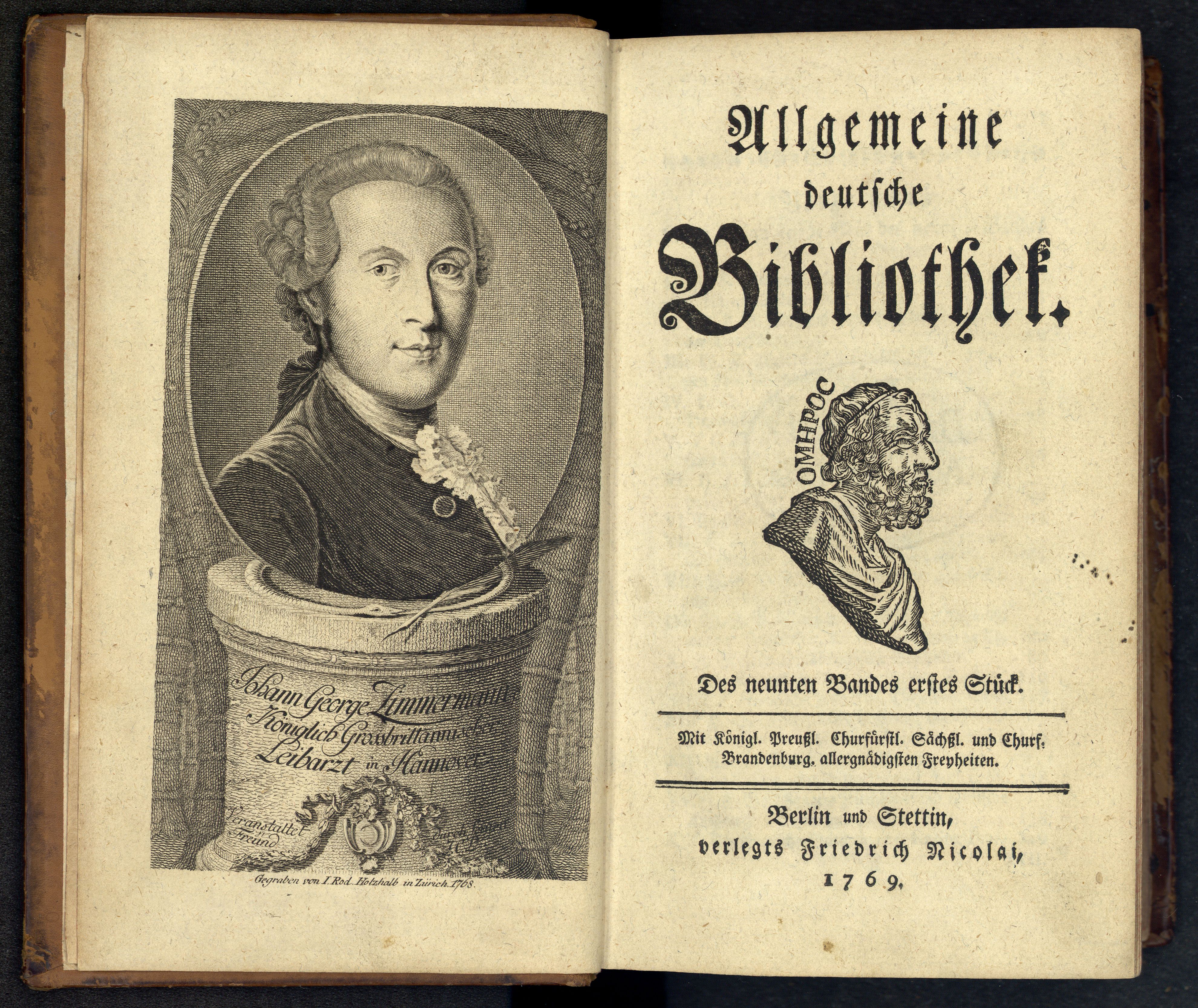 Porträt von Zimmermann, Johann Georg  (Allgemeine deutsche Bibliothek., 1769, 9. Bd., 1. St., ungez. Bl. am Anf. d. Bandes. [Doppelseite])