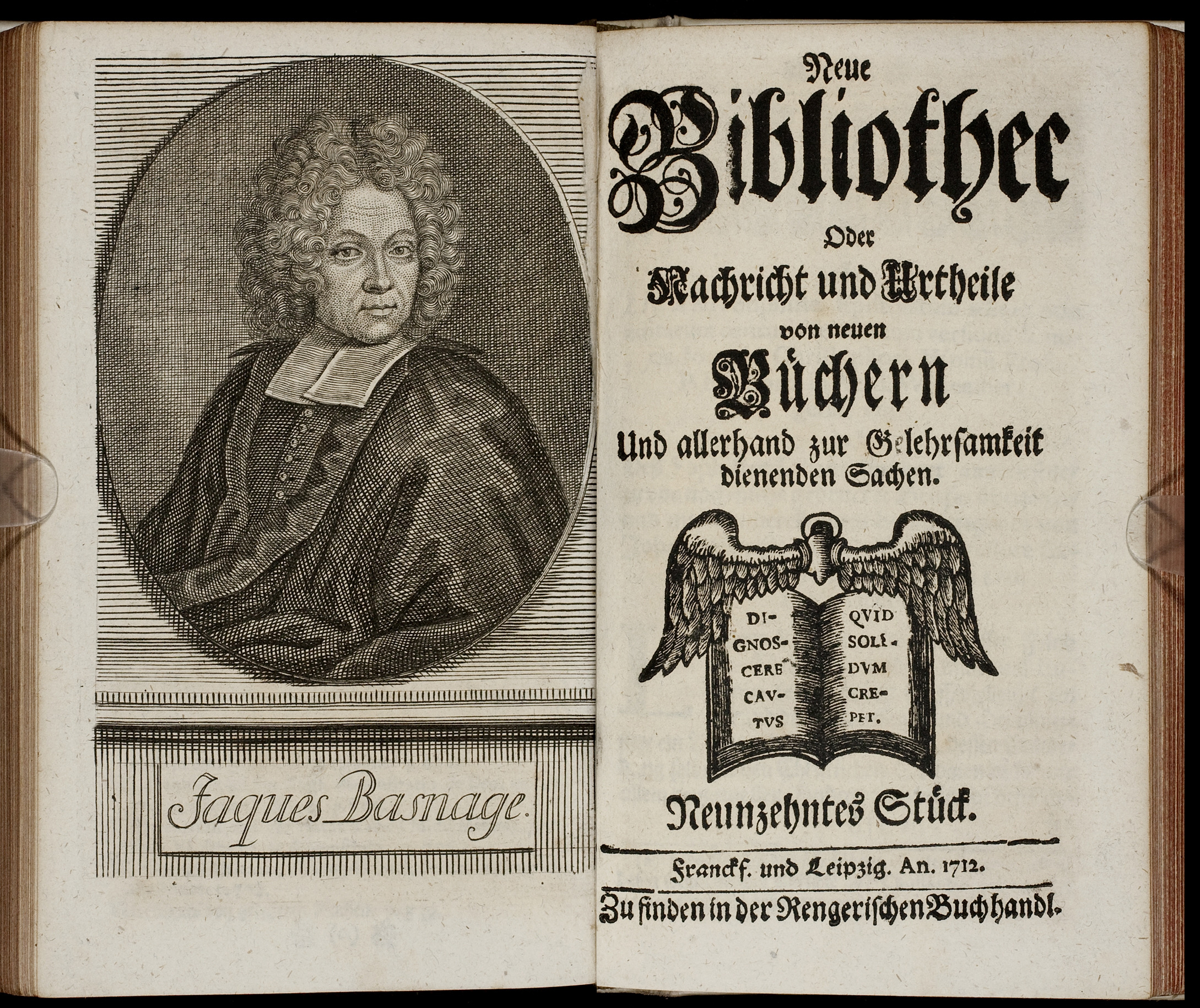 Porträt von Basnage de Beauval, Jacques  (Neue Bibliothec oder Nachricht und Urtheile von neuen Büchern., 1712, 19. St., ungez. Bl. vor S. 741. [Doppelseite])