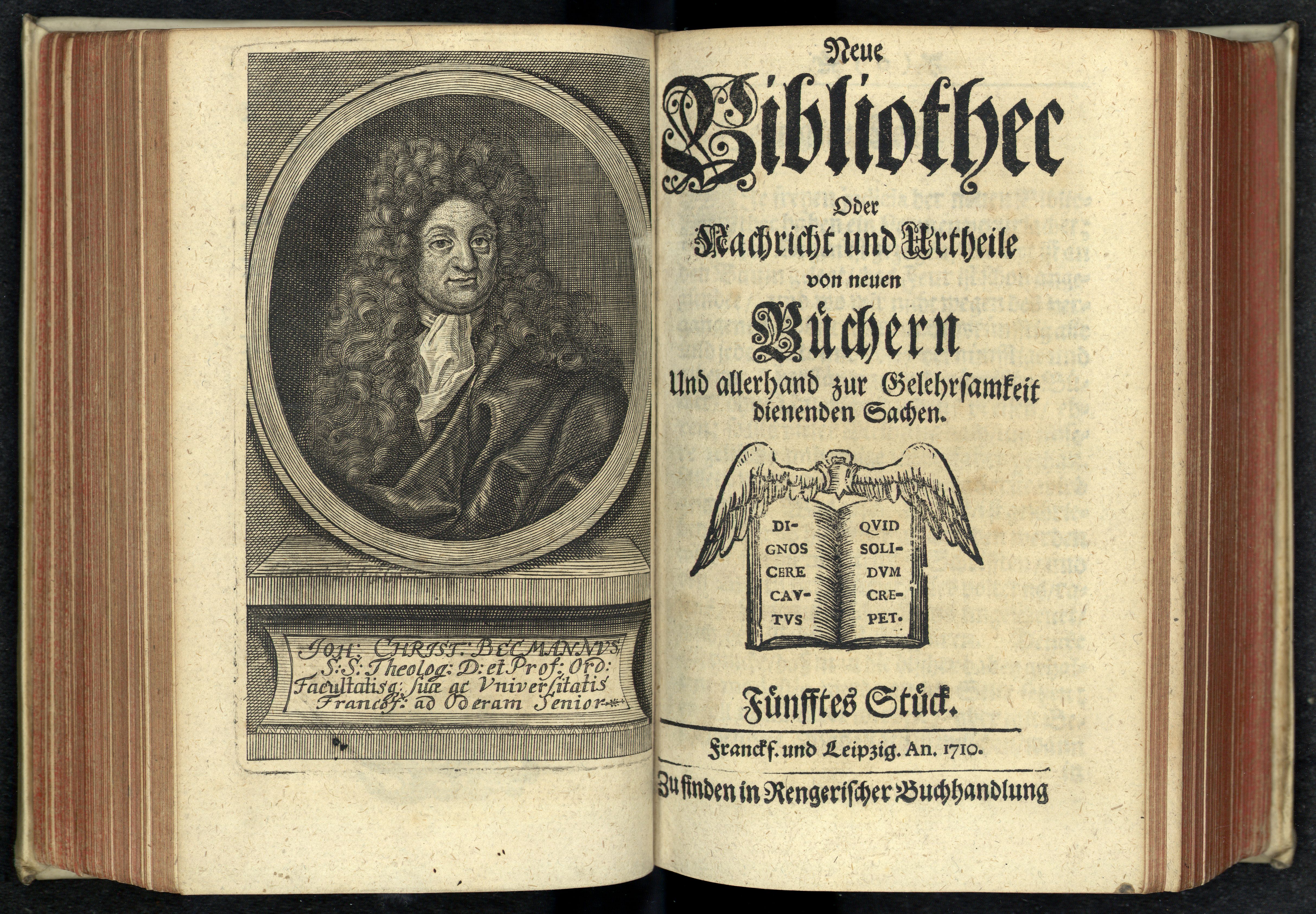 Porträt von Becmann, Johann Christoph  (Neue Bibliothec oder Nachricht und Urtheile von neuen Büchern., 1710, 5.St., ungez. Bl. vor S. 367. [Doppelseite])