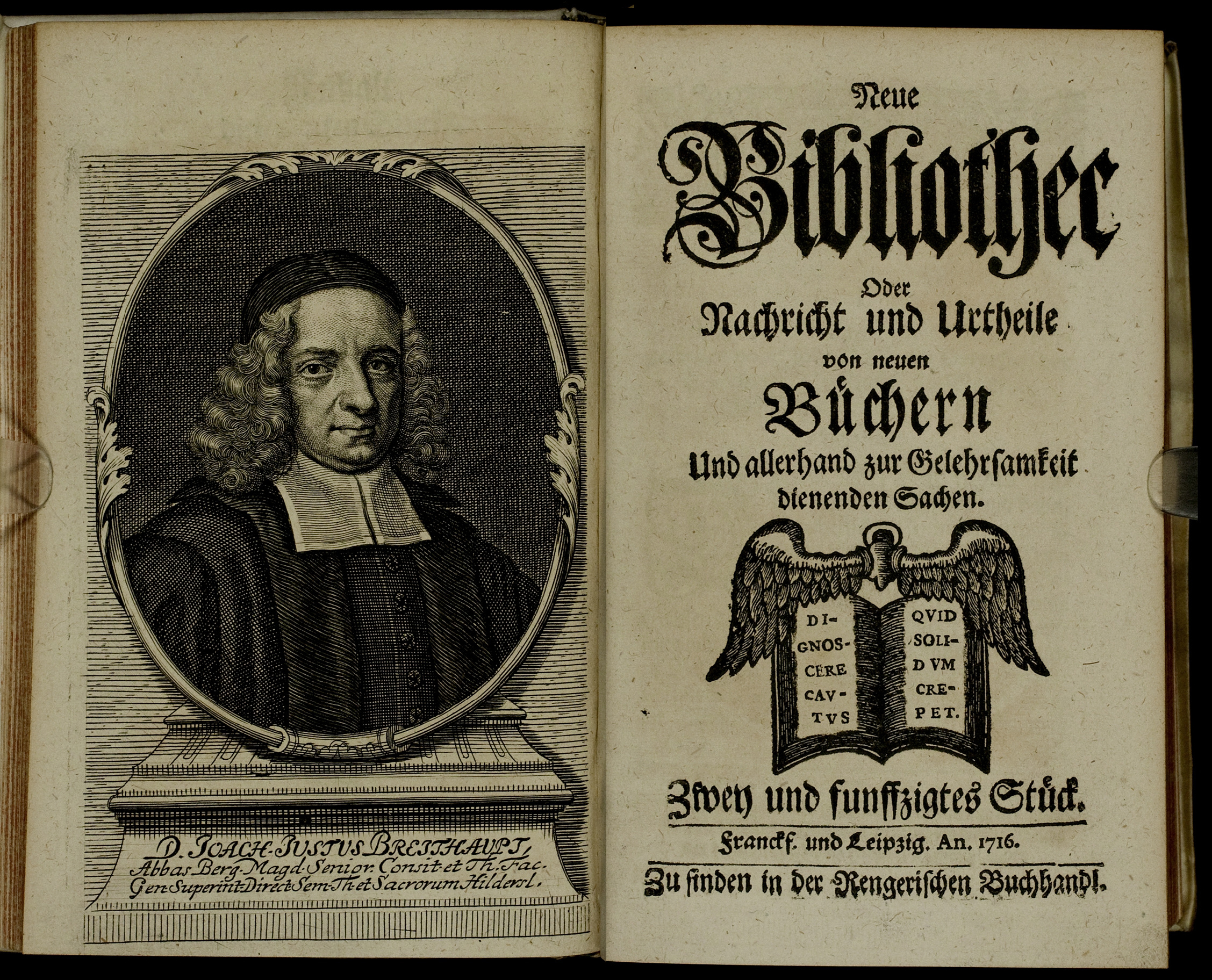 Porträt von Breithaupt, Joachim Just  (Neue Bibliothec oder Nachricht und Urtheile von neuen Büchern., 1716, 52. St., ungez. Bl. vor S. 87. [Doppelseite])