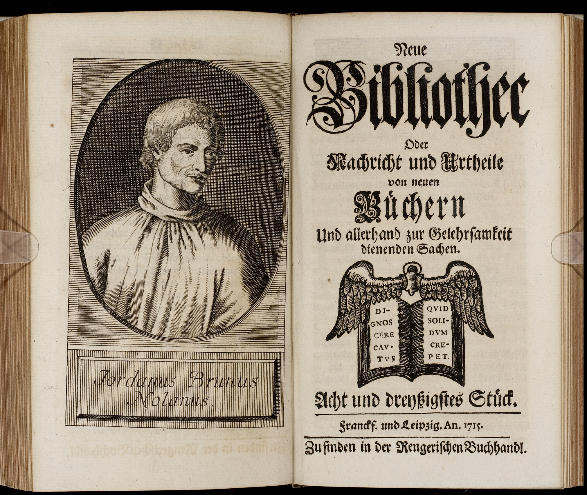Porträt von Bruno, Giordano  (Neue Bibliothec oder Nachricht und Urtheile von neuen Büchern., 1715, 38. St., ungez. Bl. vor S. 625. [Doppelseite])