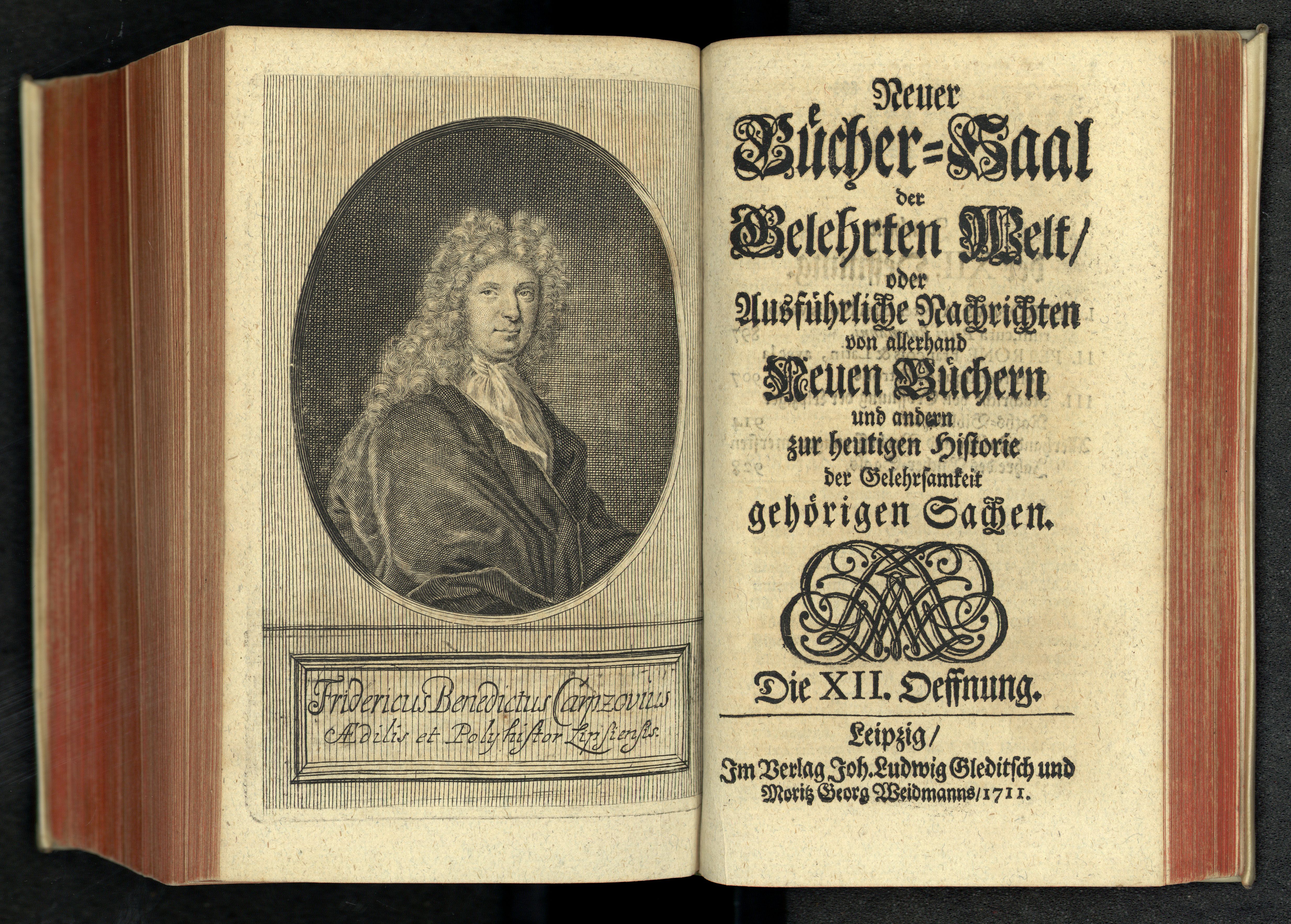 Porträt von Carpzov, Friedrich Benedict  (Neuer Bücher-Saal der gelehrten Welt., 1711, 12. Oeffn., ungez. Bl. vor S. 897. [Doppelseite])