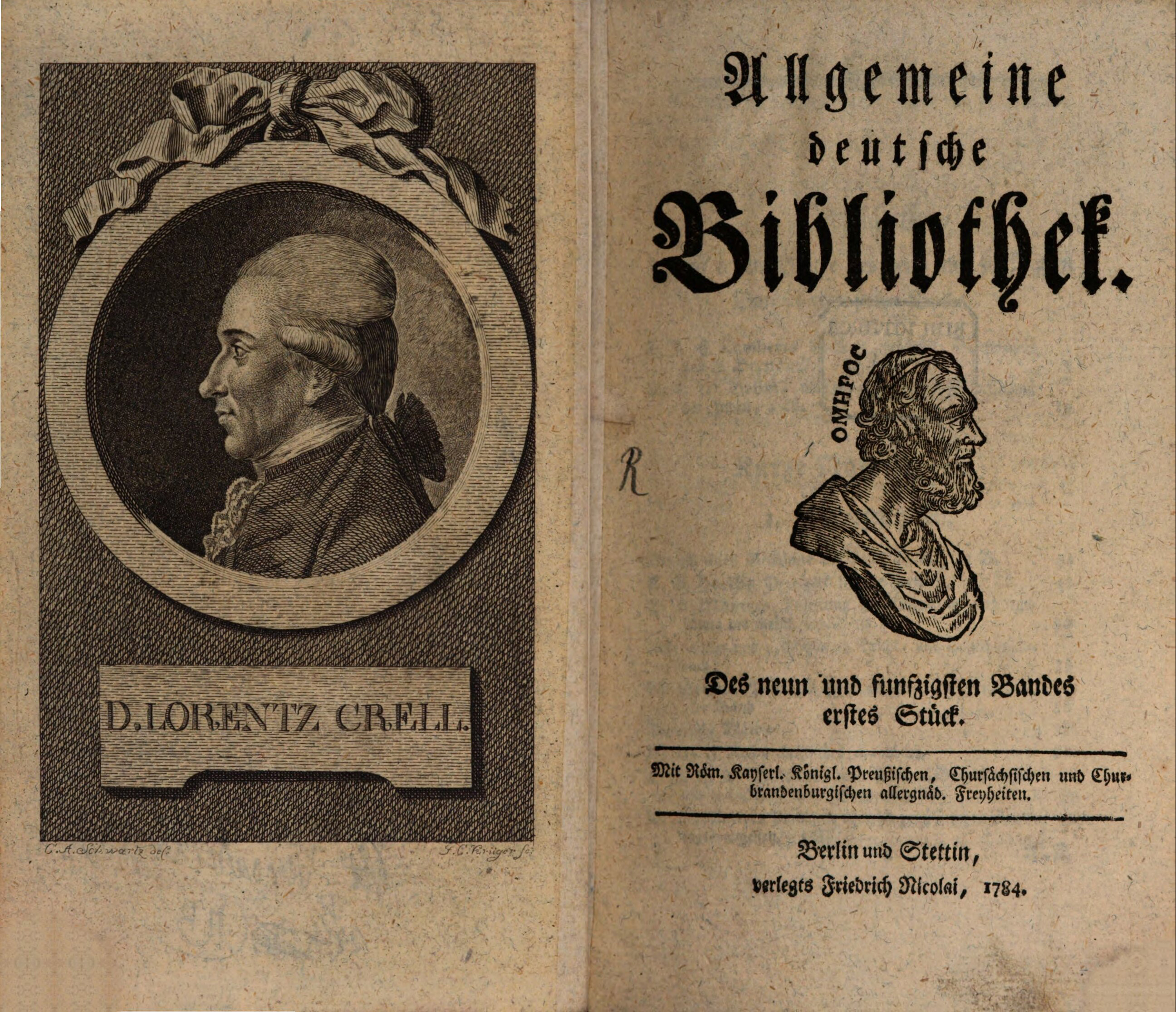 Porträt von Crell, Lorenz Florenz Friedrich von  (Allgemeine deutsche Bibliothek., 1784, 59. Bd., 1. St., ungez. Bl. am Anf. d. Bandes. [Doppelseite])