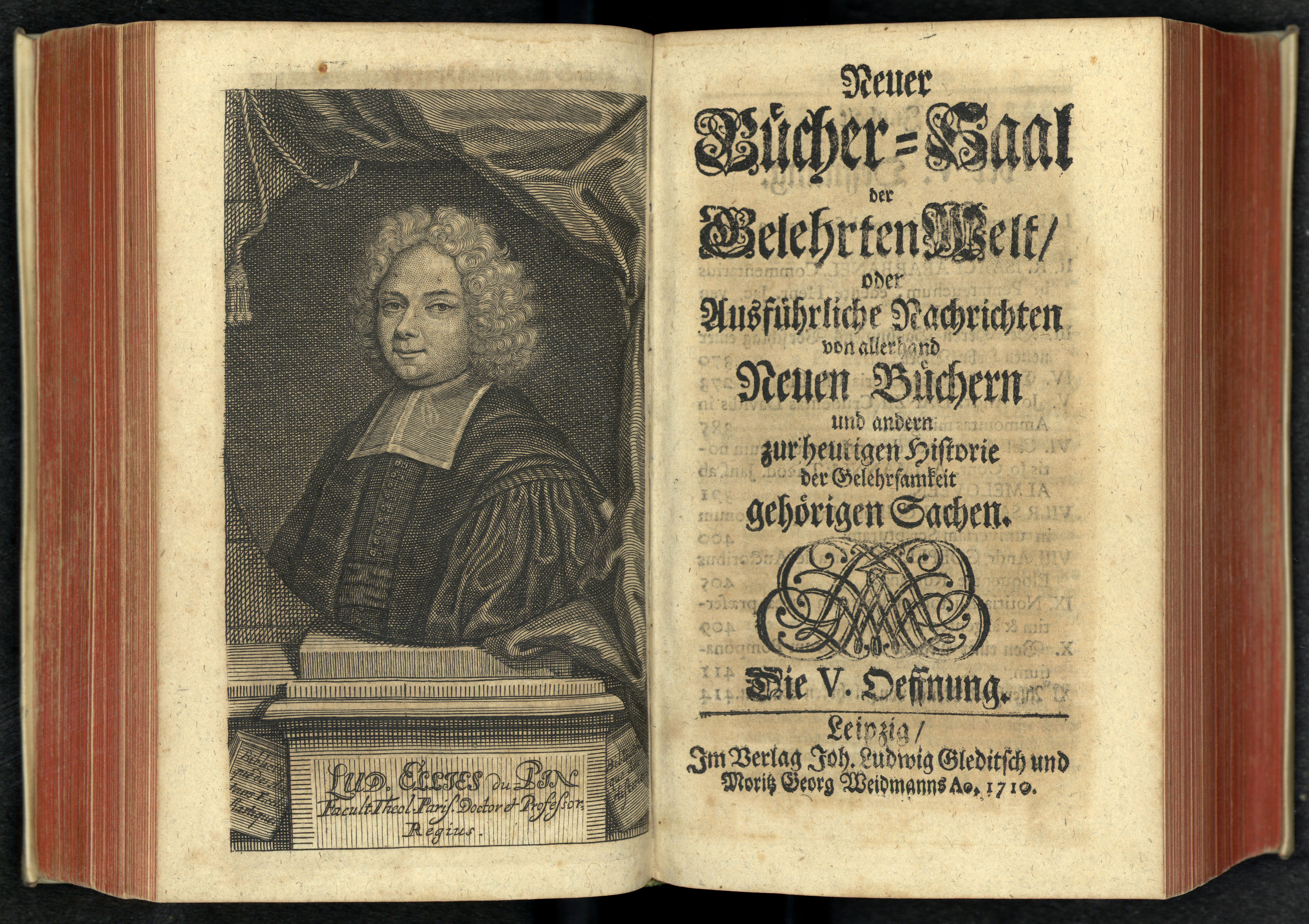Porträt von Du Pin, Louis Ellies  (Neuer Bücher-Saal der gelehrten Welt., 1710, 5. Oeffn., ungez. Bl. vor S. 249. [Doppelseite])
