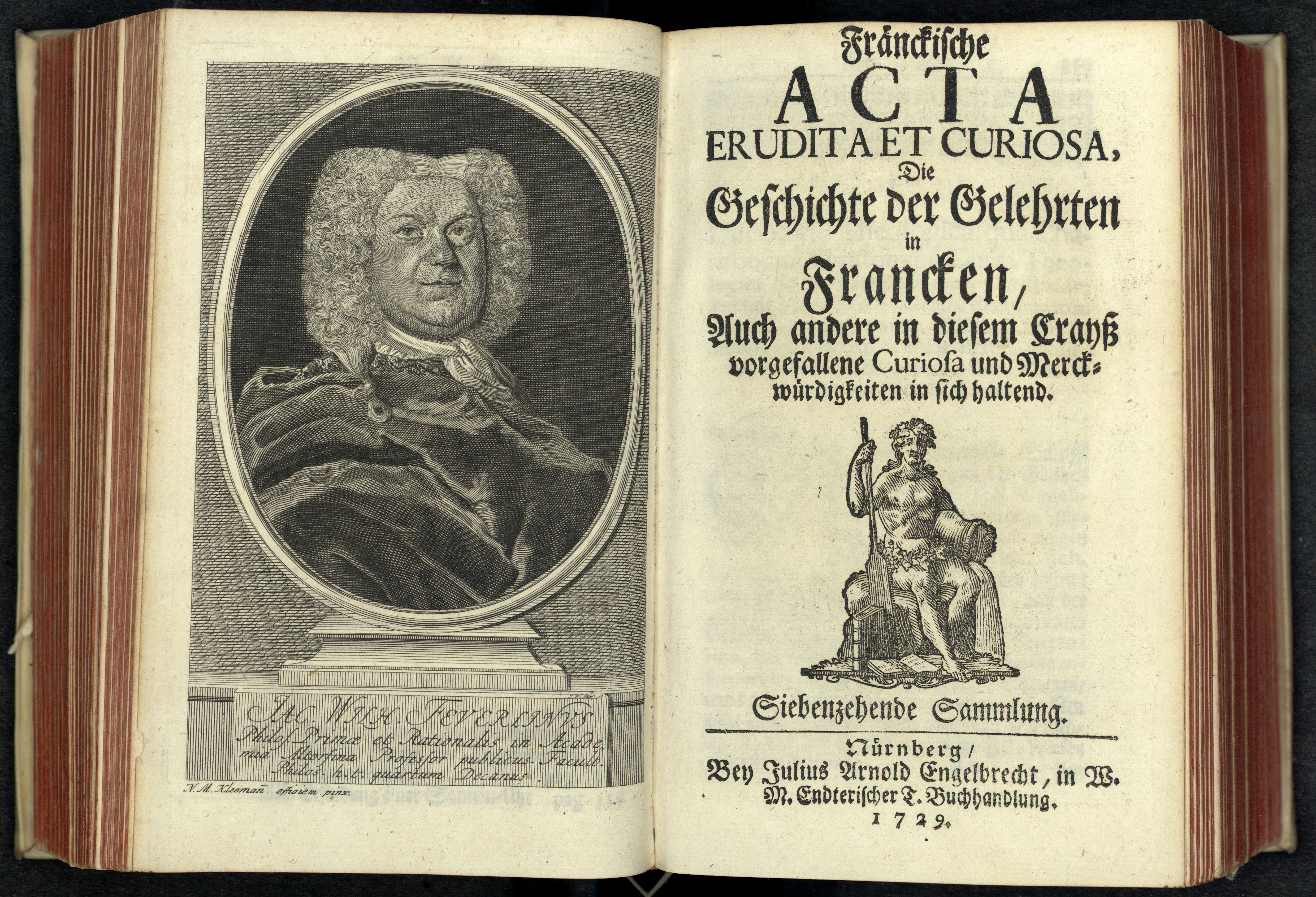 Porträt von Feuerlein, Jakob Wilhelm  (Fränckische Acta Erudita et Curiosa., 1729, 17. Slg., ungez. Bl. vor S. 359. [Doppelseite])