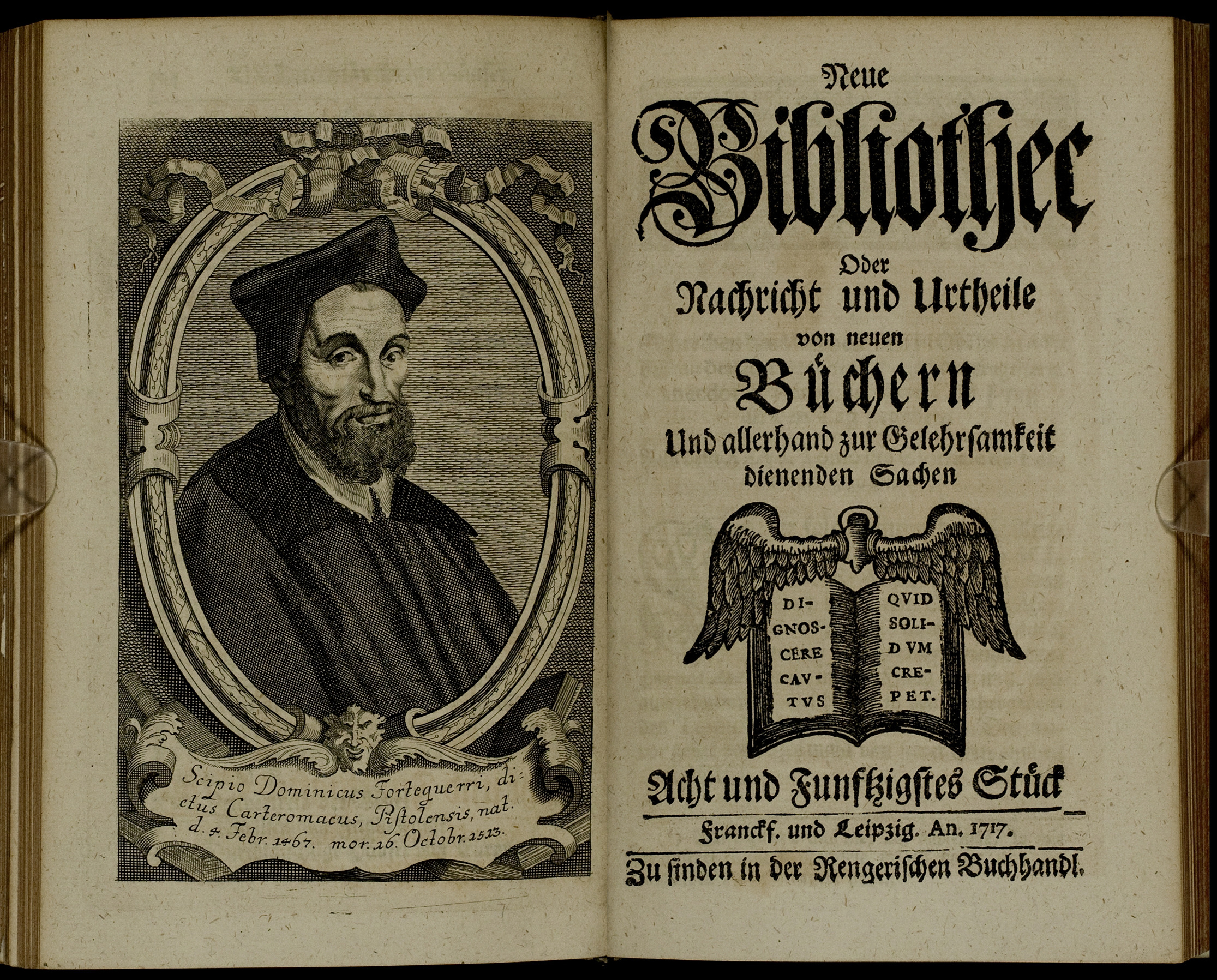 Porträt von Forteguerri, Scipione  (Neue Bibliothec oder Nachricht und Urtheile von neuen Büchern., 1717, 58. St., ungez. Bl. vor S. 595. [Doppelseite])