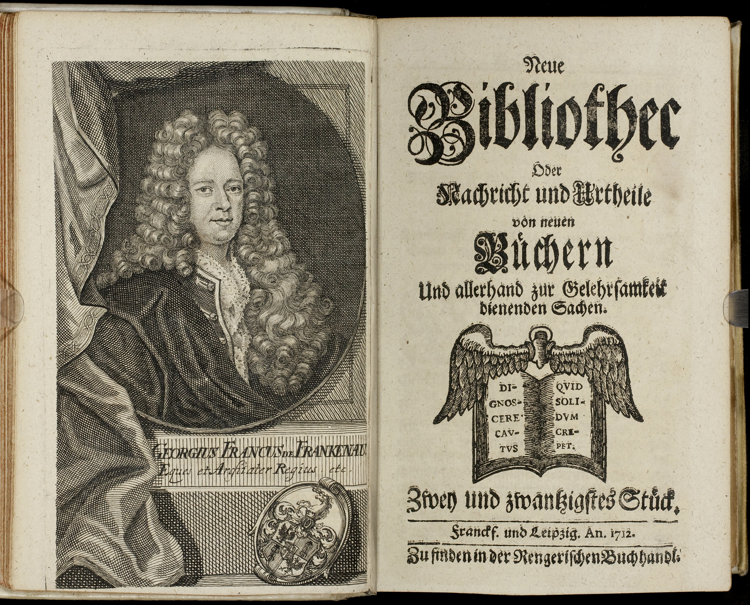 Porträt von Franck von Franckenau, Georg  (Neue Bibliothec oder Nachricht und Urtheile von neuen Büchern., 1712, 22. St., ungez. Bl. vor S. 95. [Doppelseite])