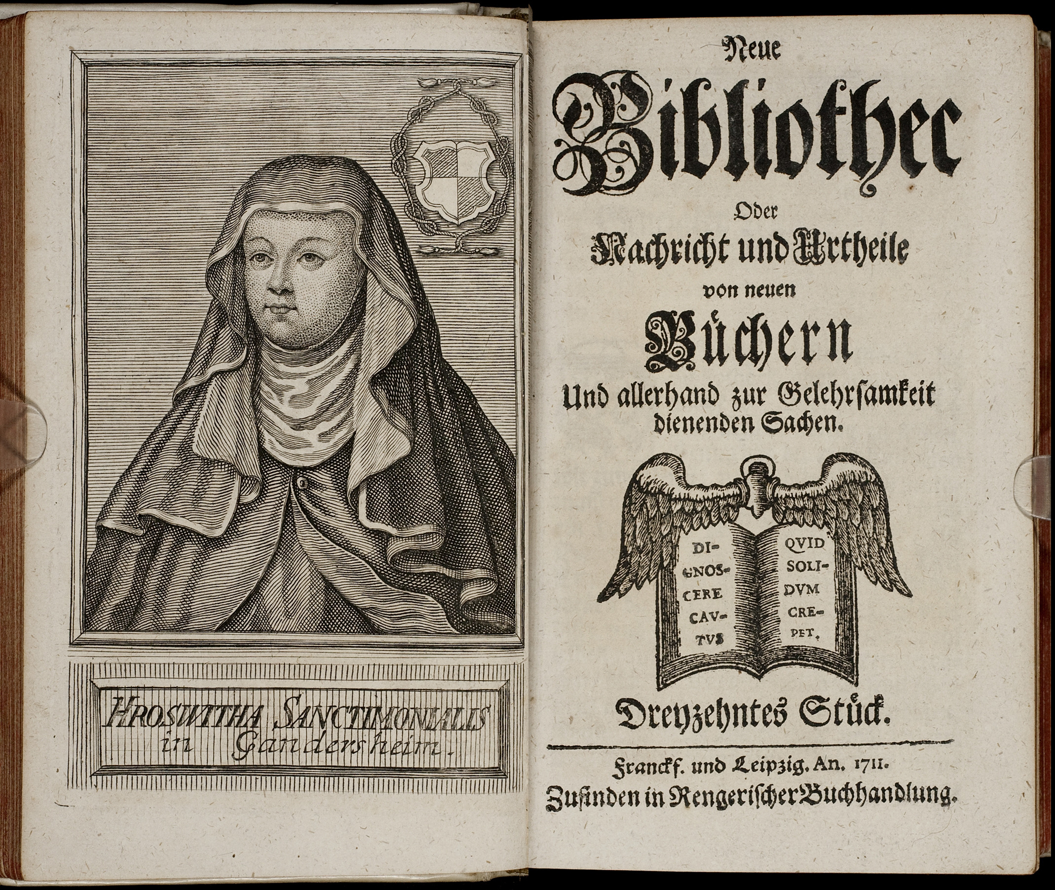 Porträt von Hrotsvita (Gandeshemensis)  (Neue Bibliothec oder Nachricht und Urtheile von neuen Büchern., 1711, 13. St., ungez. Bl. vor S. 187. [Doppelseite])
