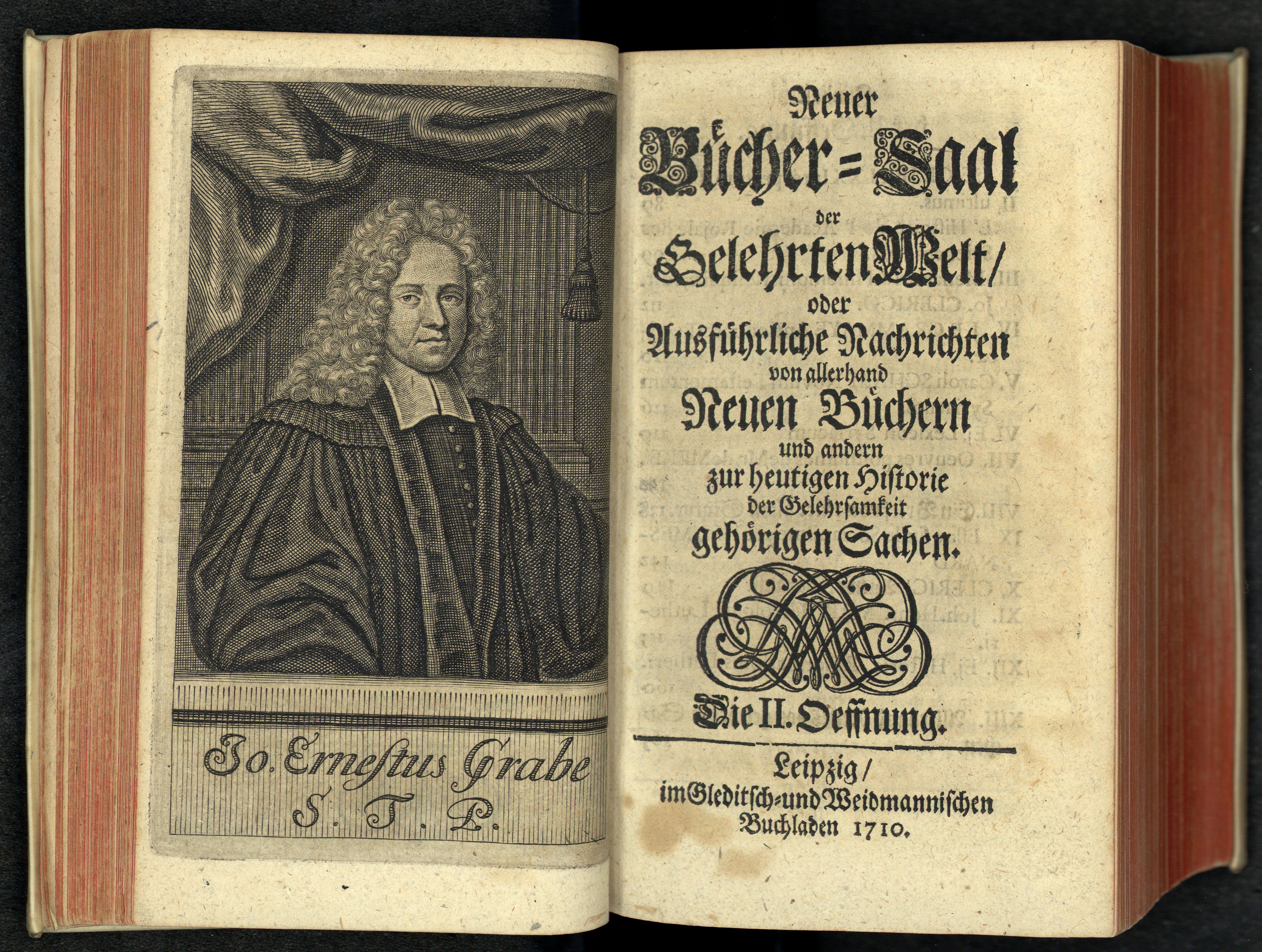 Porträt von Grabe, Johannes Ernst  (Neuer Bücher-Saal der gelehrten Welt., 1710, 2. Oeffn., ungez. Bl. vor S. 89. [Doppelseite])