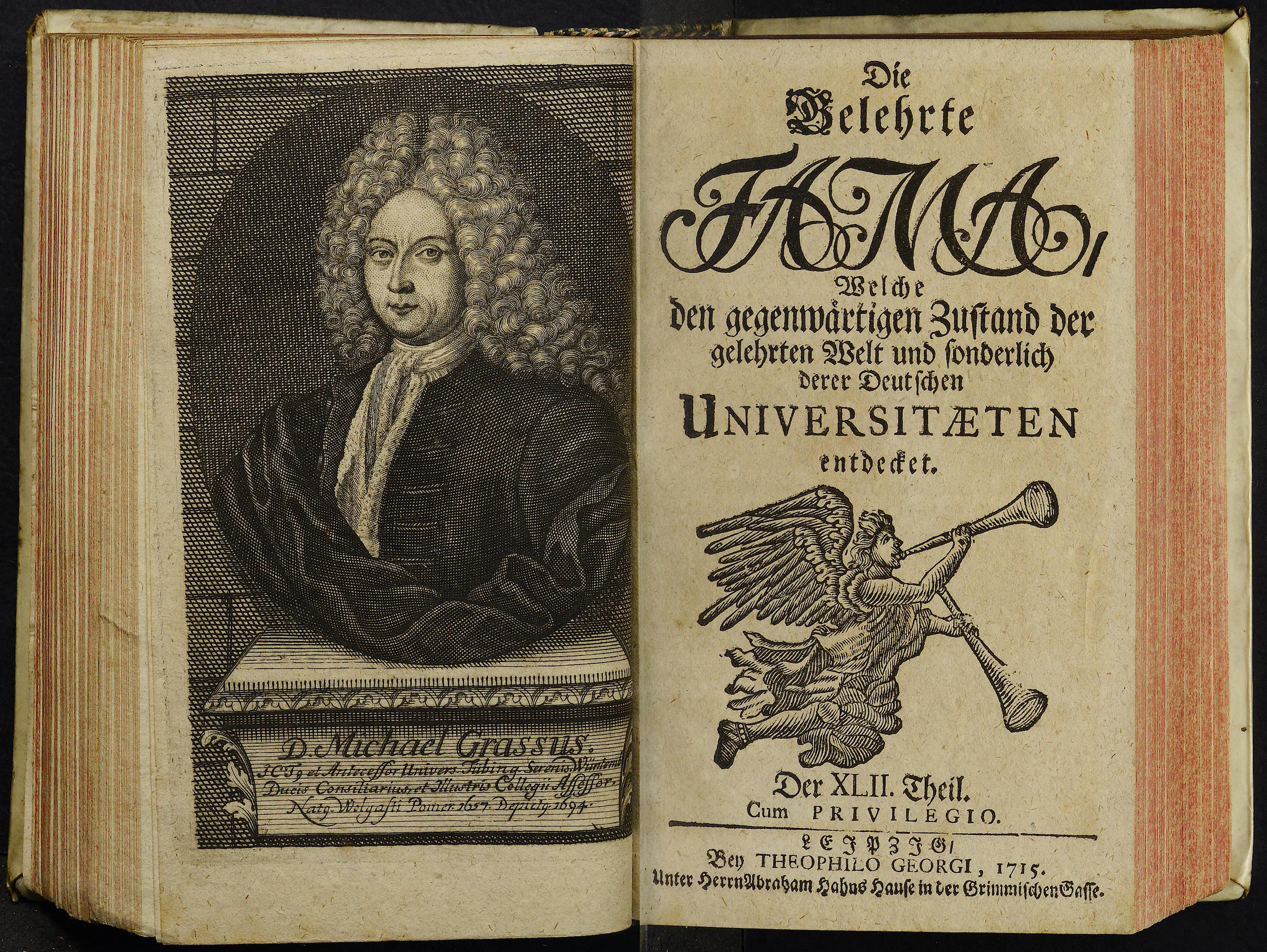 Porträt von Graß, Michael  (Die Gelehrte Fama, welche den gegenwärtigen Zustand der gelehrten Welt und sonderlich derer deutschen Universitäten entdecket., 1715, 42. T., ungez. Bl. am Anf. d. Stückes. [Doppelseite])