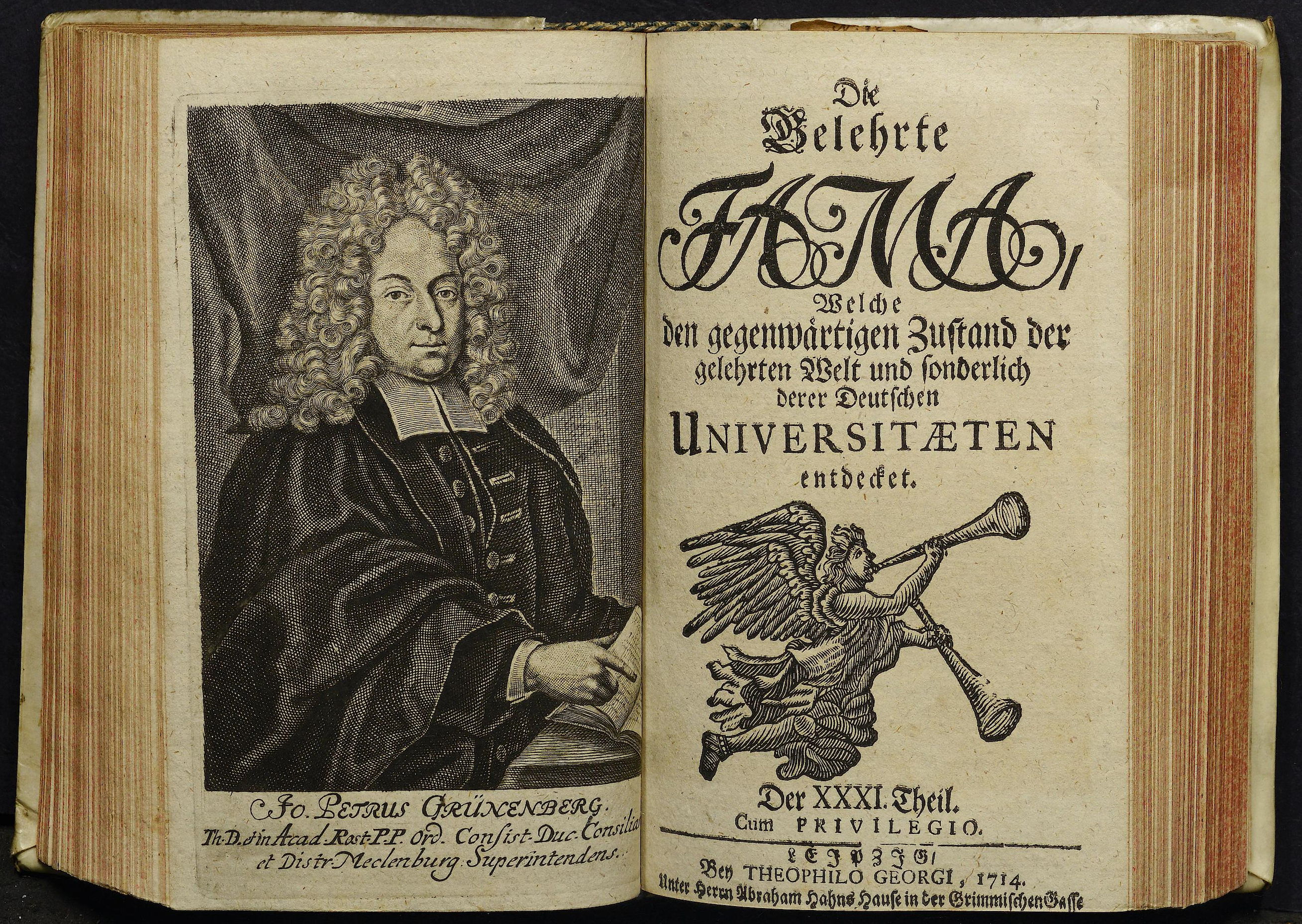 Porträt von Grünenberg, Johann Peter  (Die Gelehrte Fama, welche den gegenwärtigen Zustand der gelehrten Welt und sonderlich derer deutschen Universitäten entdecket., 1714, 31. T., ungez. Bl. am Anf. d. Stückes. [Doppelseite])