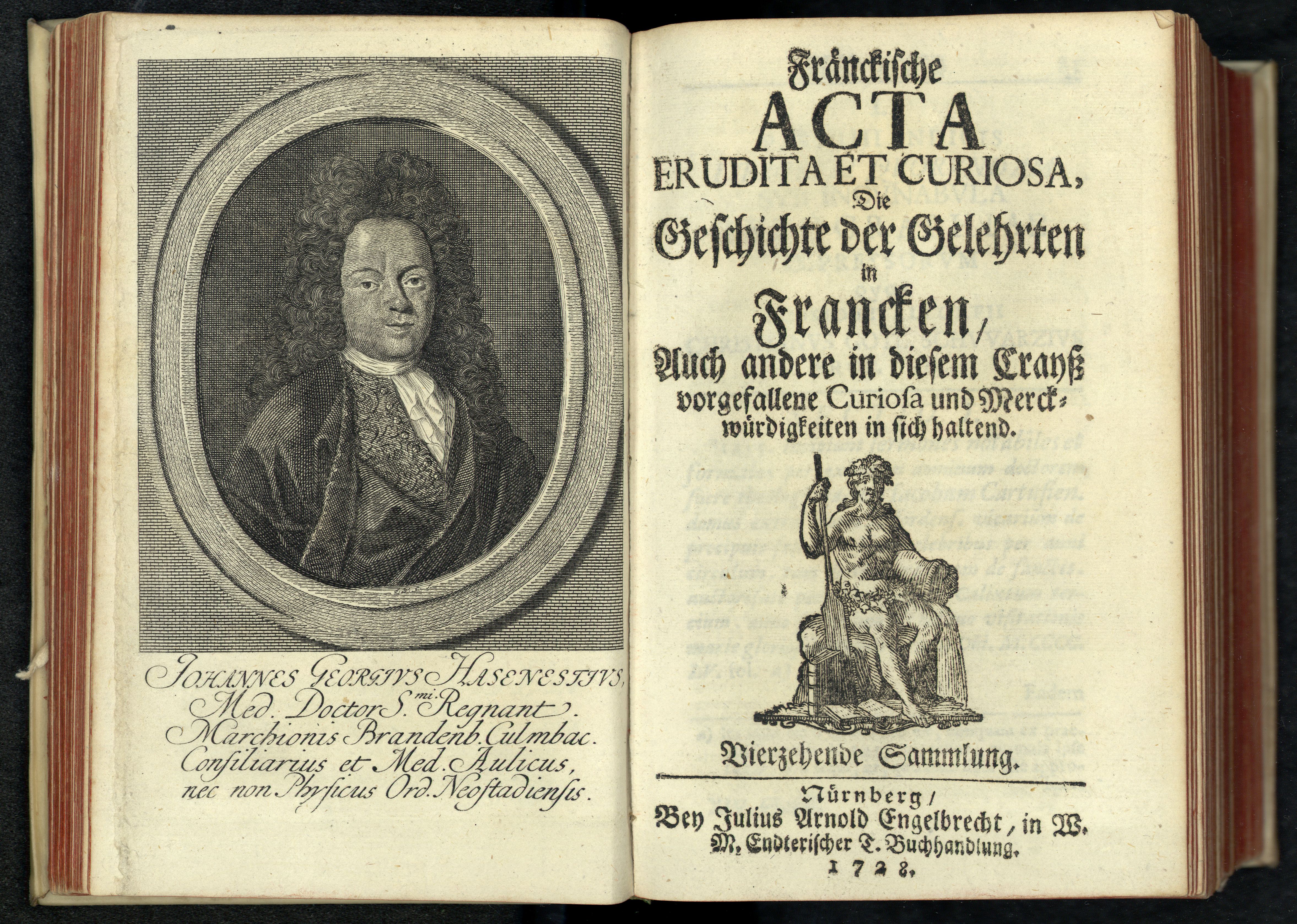 Porträt von Hasenest, Johann Georg  (Fränckische Acta Erudita et Curiosa., 1728, 14. Slg., ungez. Bl. v. S. 83. [Doppelseite])