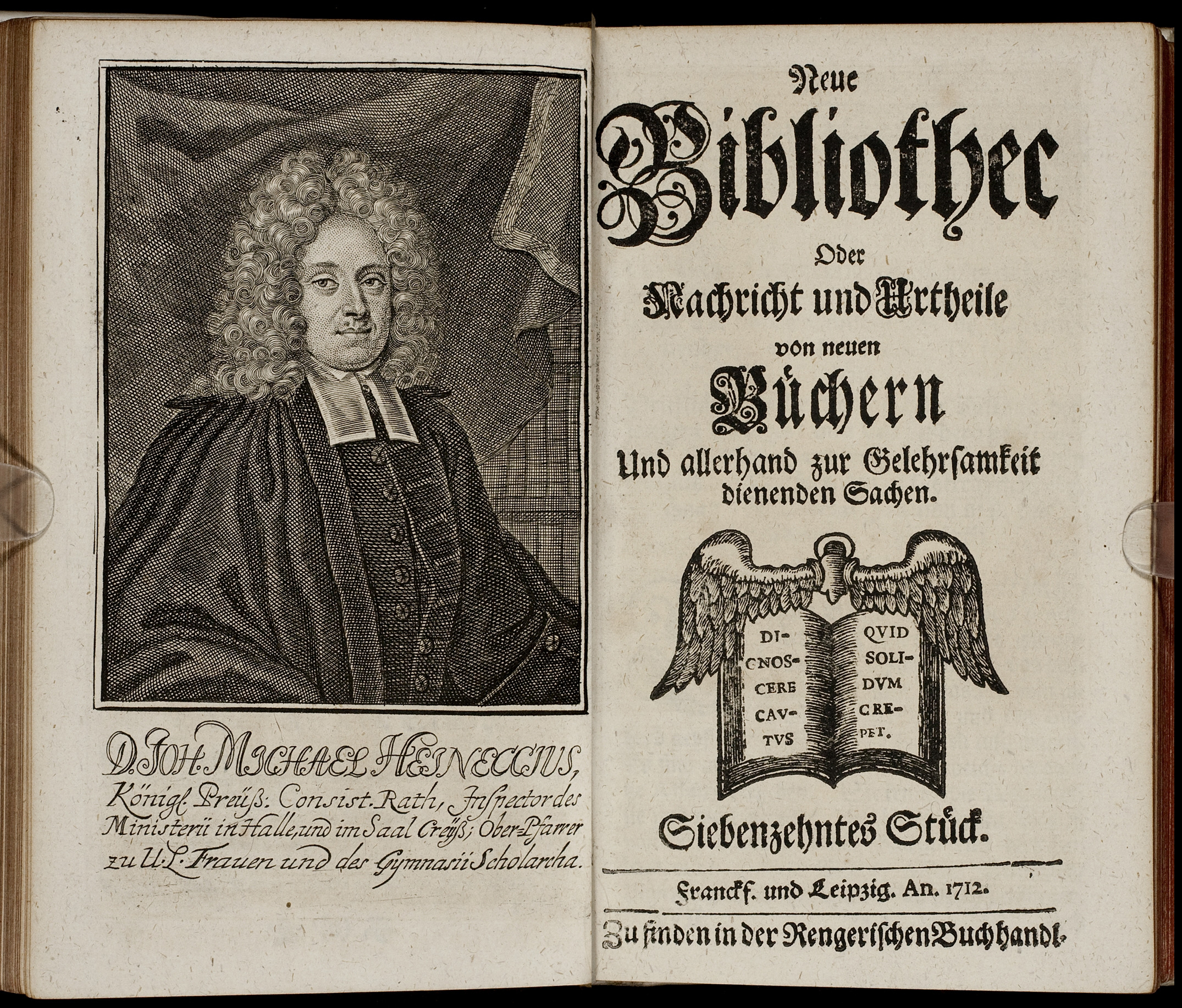 Porträt von Heineccius, Johann Michael  (Neue Bibliothec oder Nachricht und Urtheile von neuen Büchern., 1712, 17. St., ungez. Bl. vor S. 559. [Doppelseite])