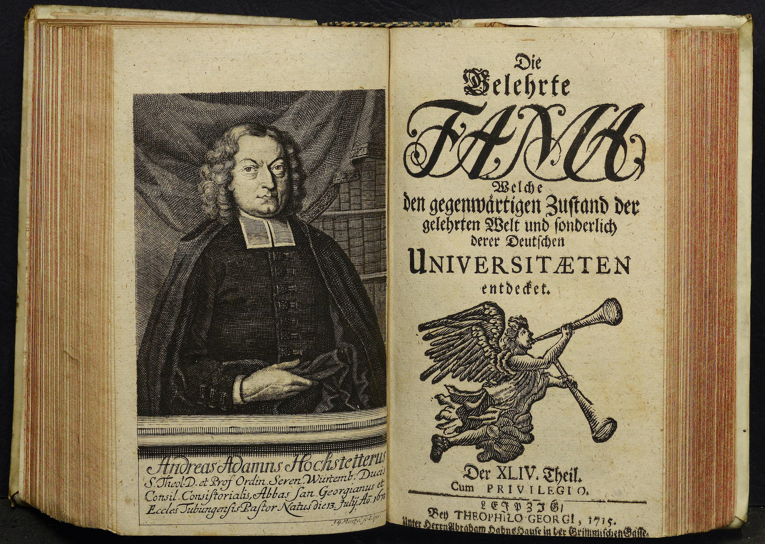 Porträt von Hochstetter, Andreas Adam  (Die Gelehrte Fama, welche den gegenwärtigen Zustand der gelehrten Welt und sonderlich derer deutschen Universitäten entdecket., 1715, 44. T., ungez. Bl. am Anf. d. Stückes. [Doppelseite])