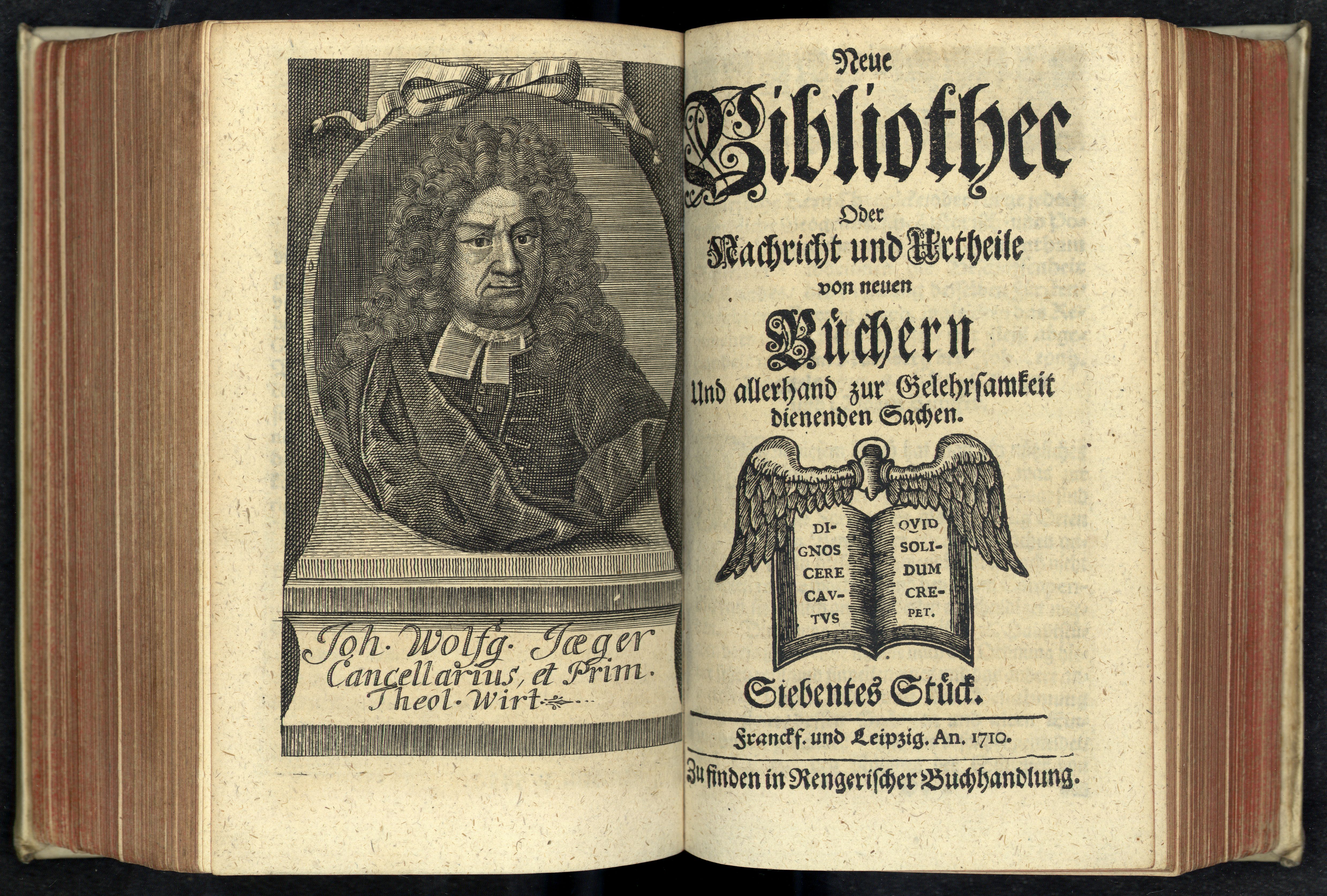 Porträt von Jäger, Johann Wolfgang  (Neue Bibliothec oder Nachricht und Urtheile von neuen Büchern., 1710, 7. St., ungez. Bl. vor S. 548. [Doppelseite])