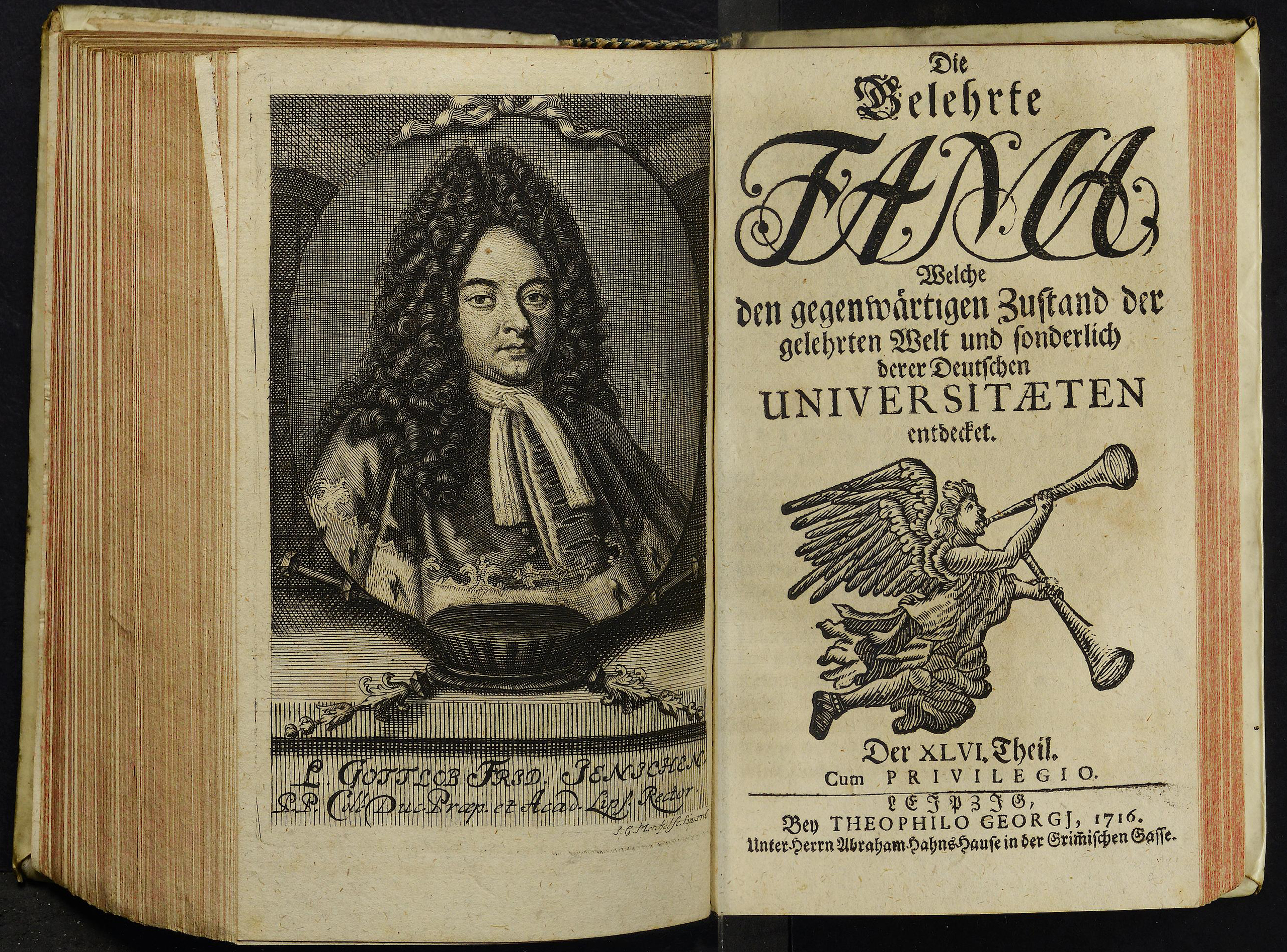 Porträt von Jenichen, Gottlob Friedrich  (Die Gelehrte Fama, welche den gegenwärtigen Zustand der gelehrten Welt und sonderlich derer deutschen Universitäten entdecket., 1716, 46. T., ungez. Bl. am Anf. d. Stückes. [Doppelseite])