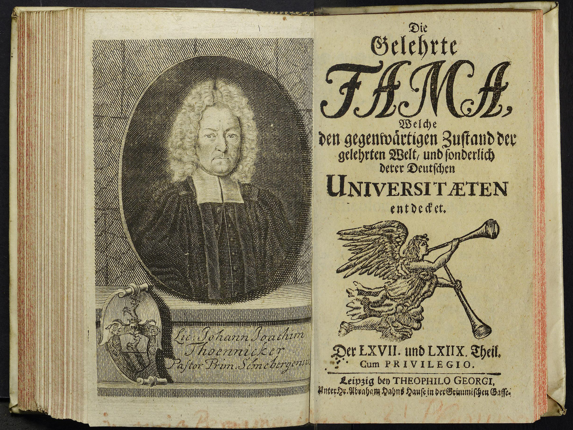 Porträt von Thoennicker, Johann Joachim  (Die Gelehrte Fama, welche den gegenwärtigen Zustand der gelehrten Welt und sonderlich derer deutschen Universitäten entdecket., 1718, 67/68. T., ungez. Bl. am Anf. d. Stückes. [Doppelseite])