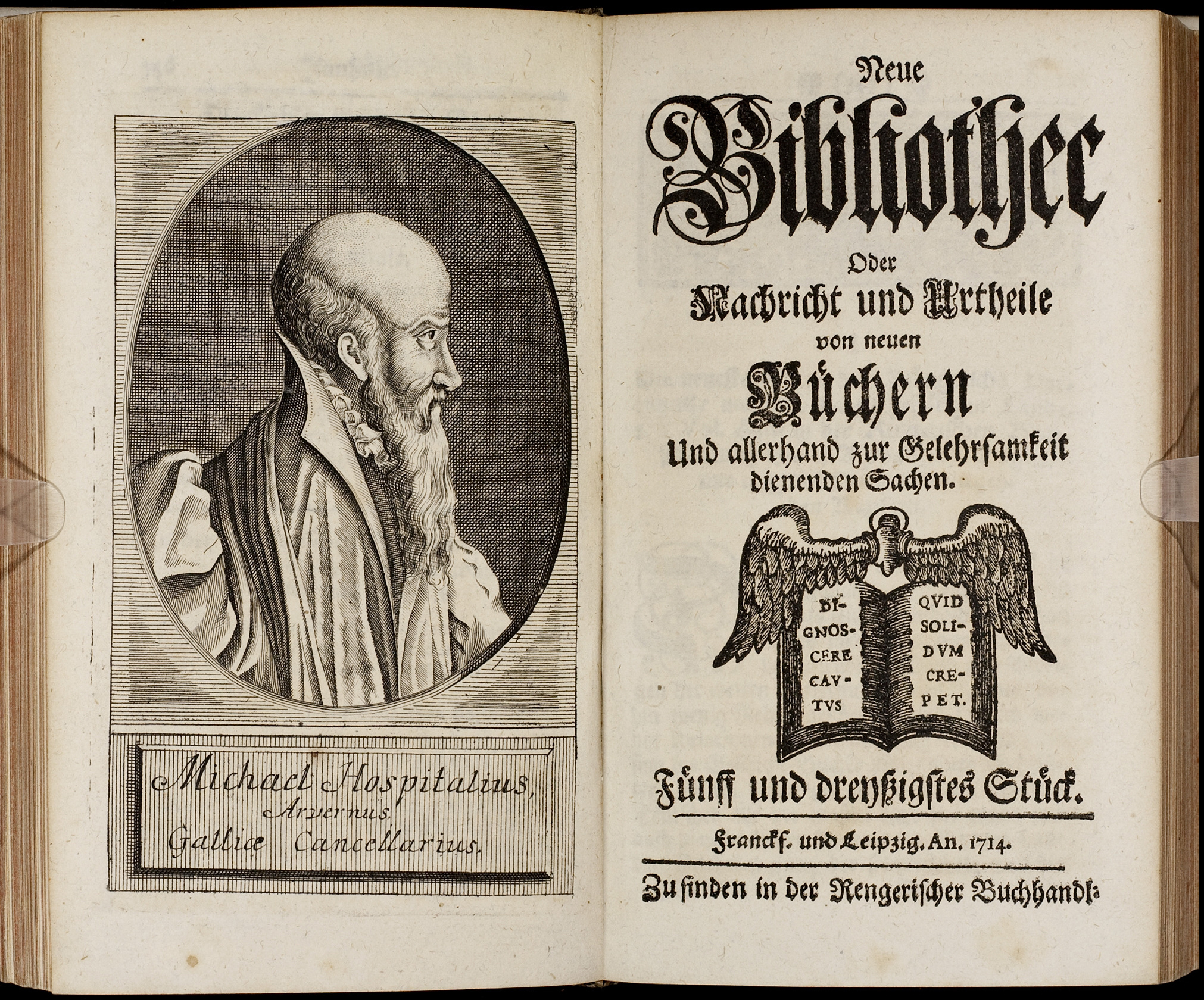 Porträt von L'Hospital, Michel de  (Neue Bibliothec oder Nachricht und Urtheile von neuen Büchern., 1714, 35. St., ungez. Bl. vor S. 347. [Doppelseite])