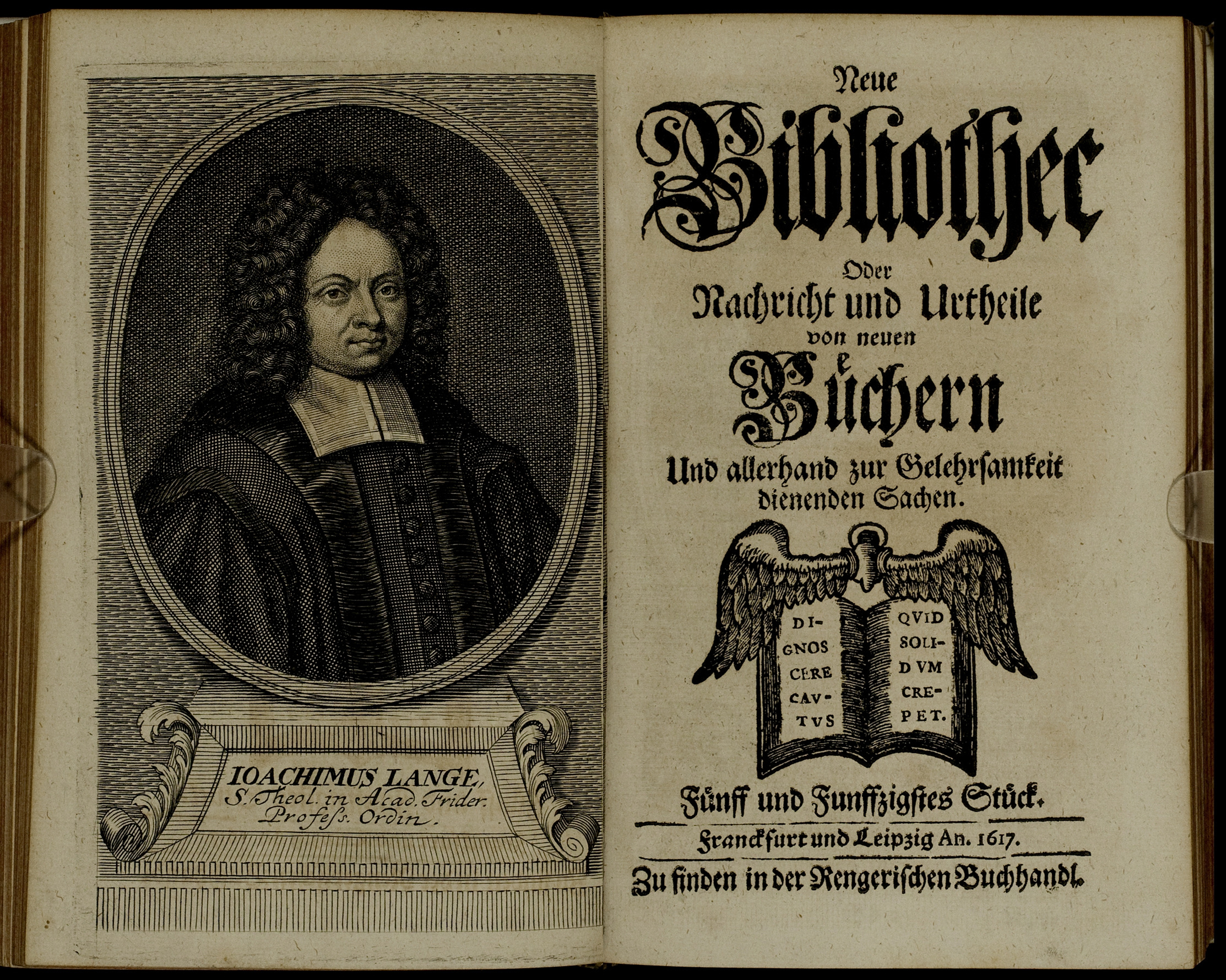 Porträt von Lange, Joachim  (Neue Bibliothec oder Nachricht und Urtheile von neuen Büchern., 1717, 55. St., ungez. Bl. vor S. 333. [Doppelseite])