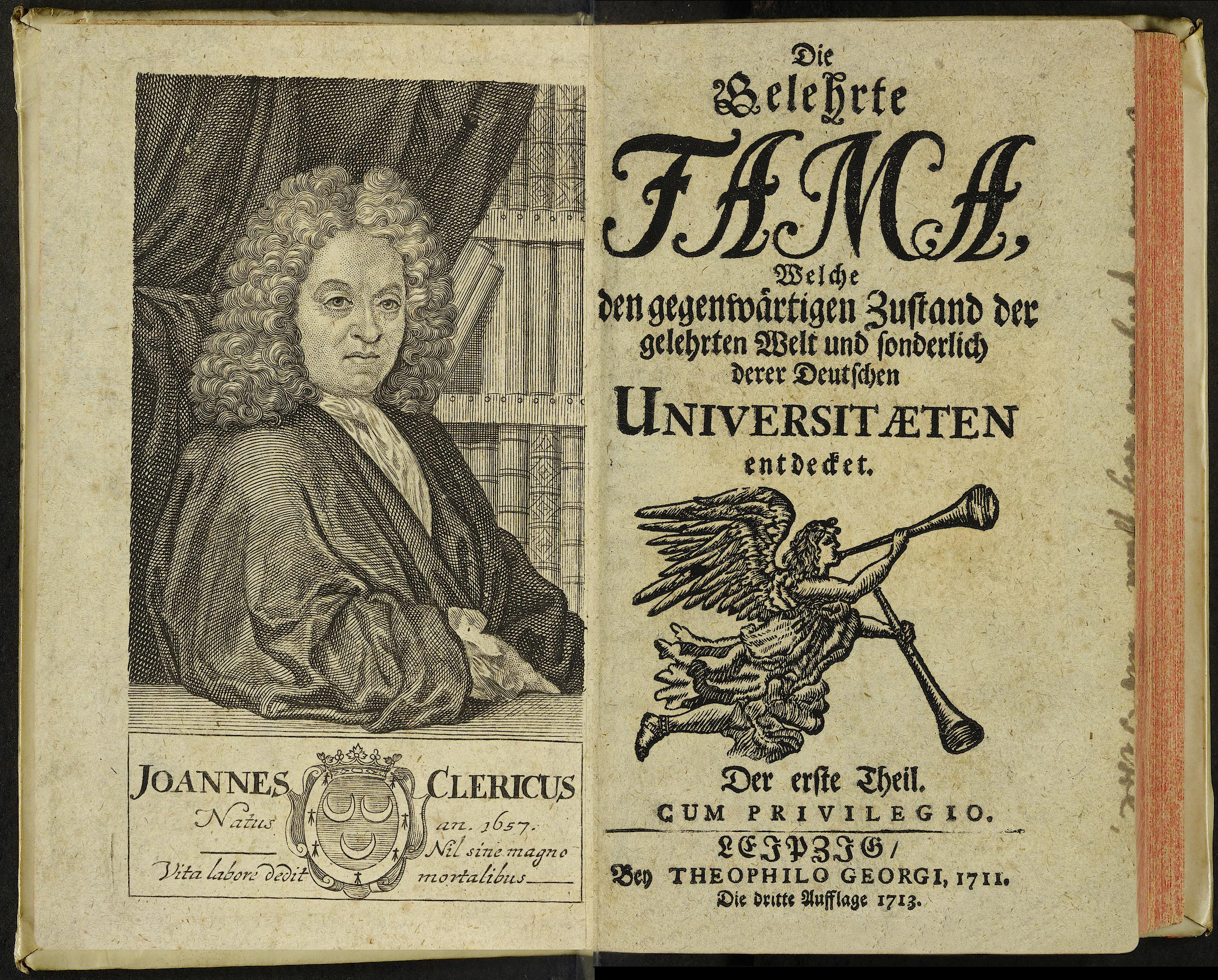 Porträt von Le Clerc, Jean  (Die Gelehrte Fama, welche den gegenwärtigen Zustand der gelehrten Welt und sonderlich derer deutschen Universitäten entdecket., 1711, 1. T., ungez. Bl. am Anf. d. Stückes. [Doppelseite])