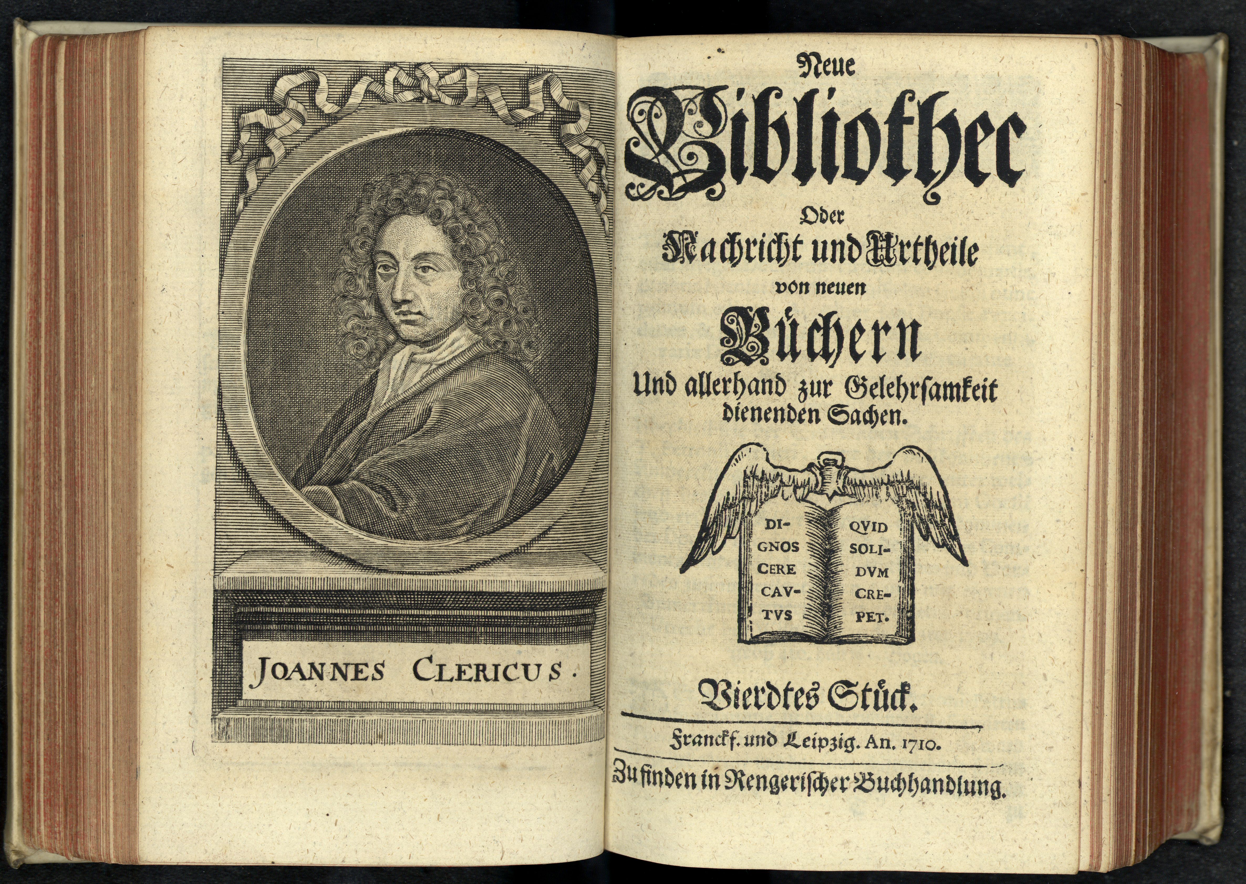 Porträt von Le Clerc, Jean  (Neue Bibliothec oder Nachricht und Urtheile von neuen Büchern., 1710, 4.St., ungez. Bl. vor S. 276. [Doppelseite])