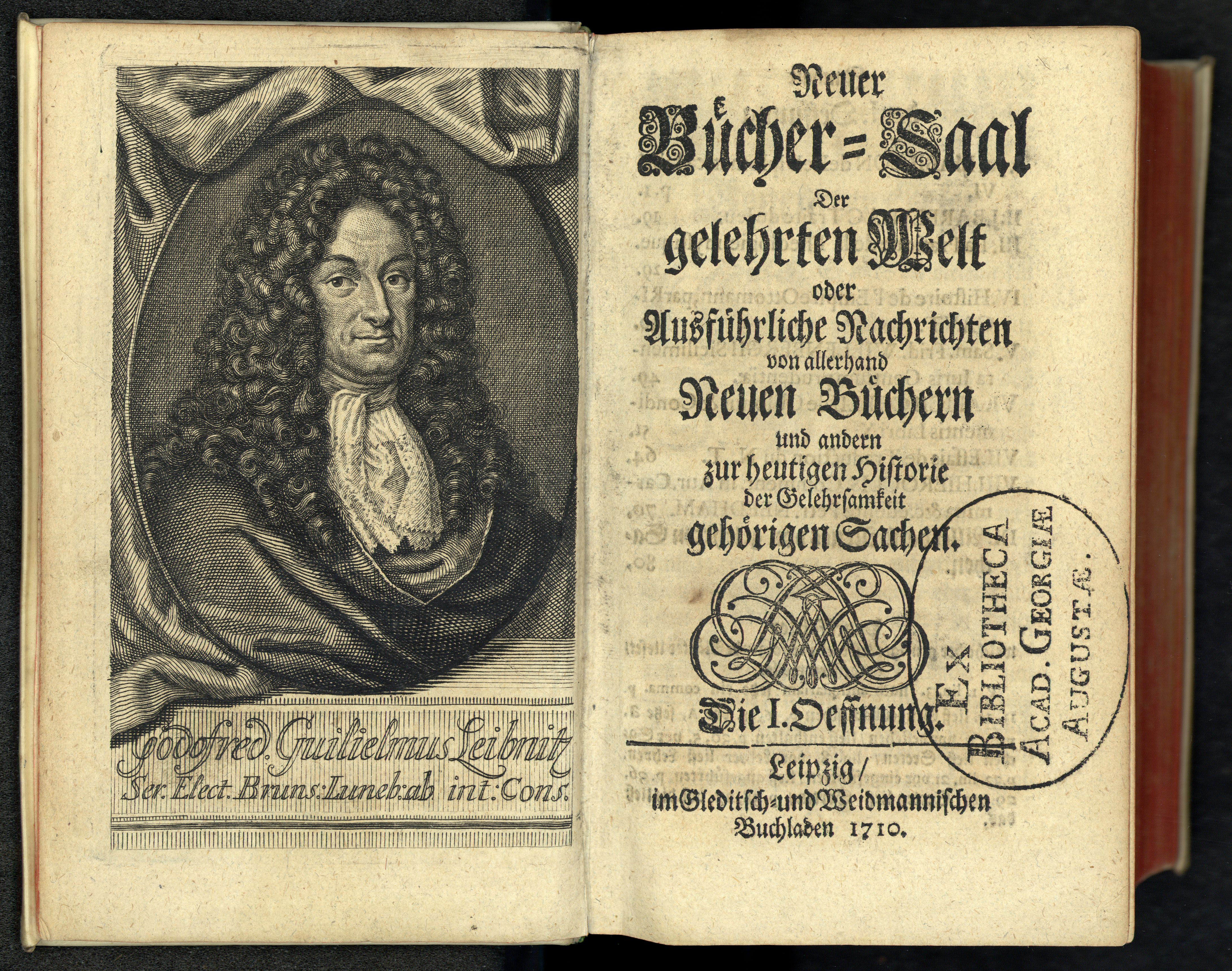 Porträt von Leibniz, Gottfried Wilhelm  (Neuer Bücher-Saal der gelehrten Welt., 1710, 1. Oeffn., ungez. Bl. am Anf. d. Bandes. [Doppelseite])